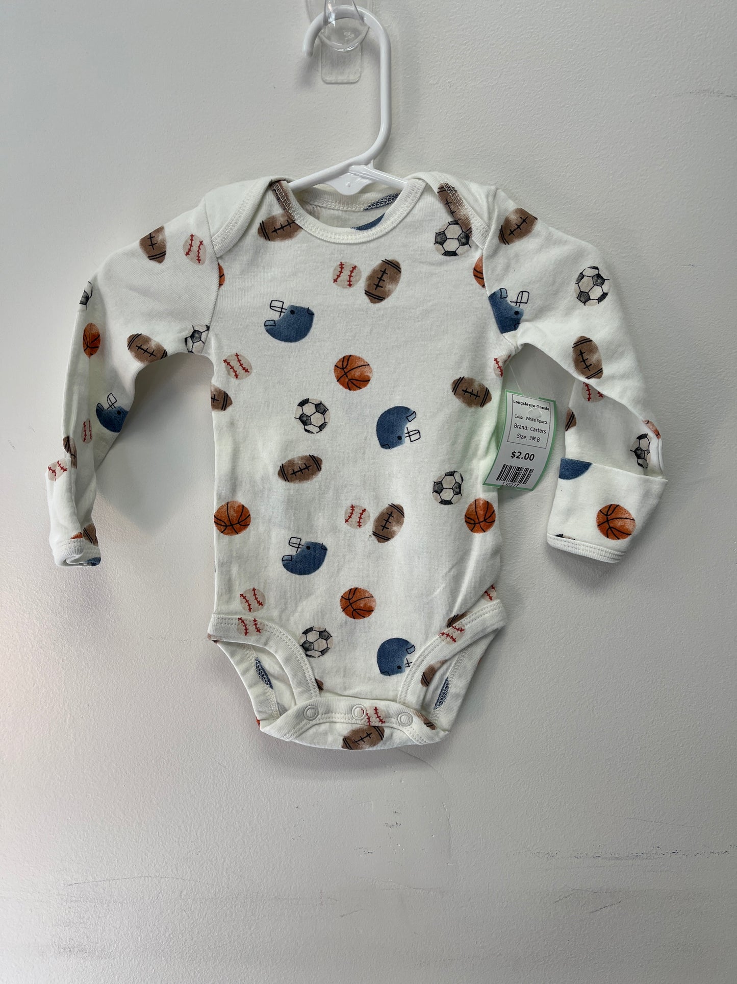 White Sports Carters Longsleeve Onesie, 3M B