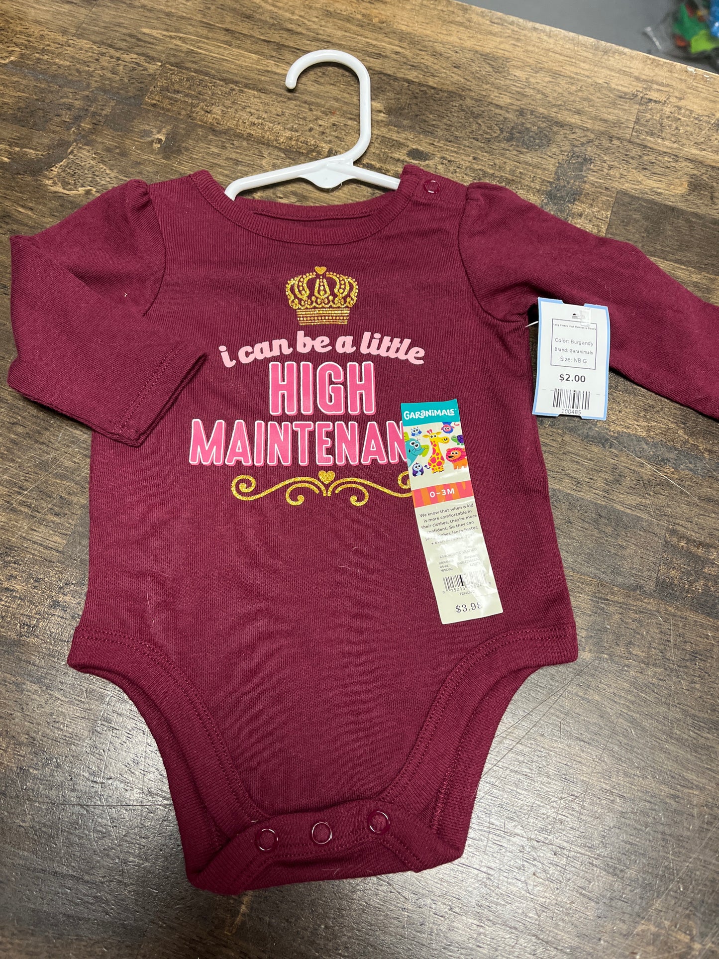 Burgandy Garanimals Long Sleeve High Maintence Onesie, NB G