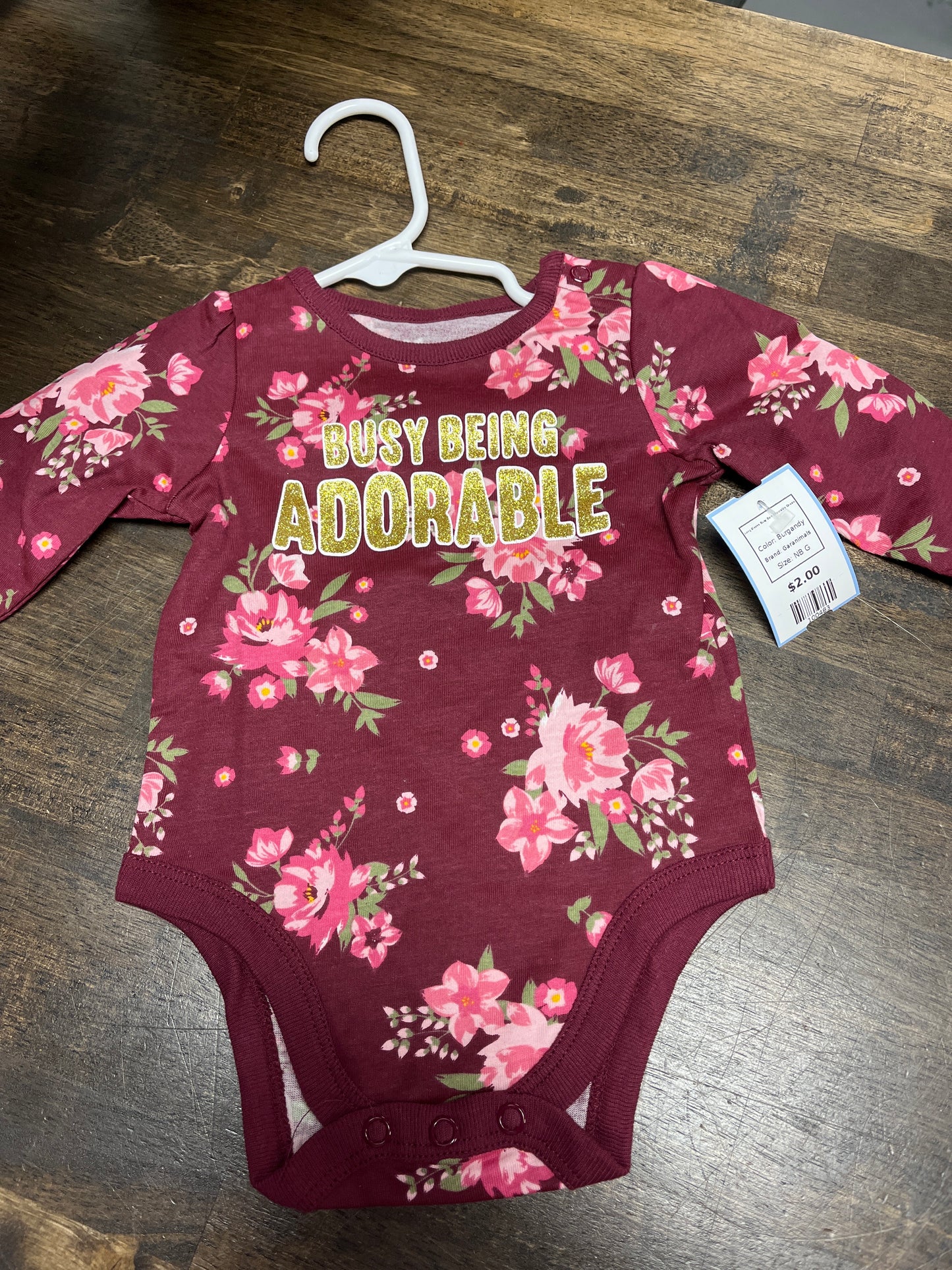 Burgandy Garanimals Long Sleeve Busy Being Adorable Onesie, NB G