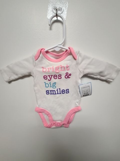 White/Pink Bright Eyes Carters Longsleeve Onesie, NB G