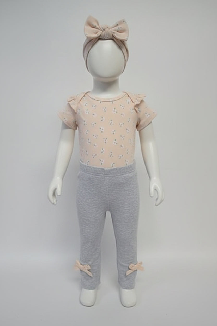 Pink/White Flower Little Beginnings Outfit W/Bow, 3M G