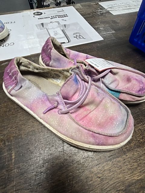 Pink/Purple/Blue Hey Dude Slip Ons, 1Y G