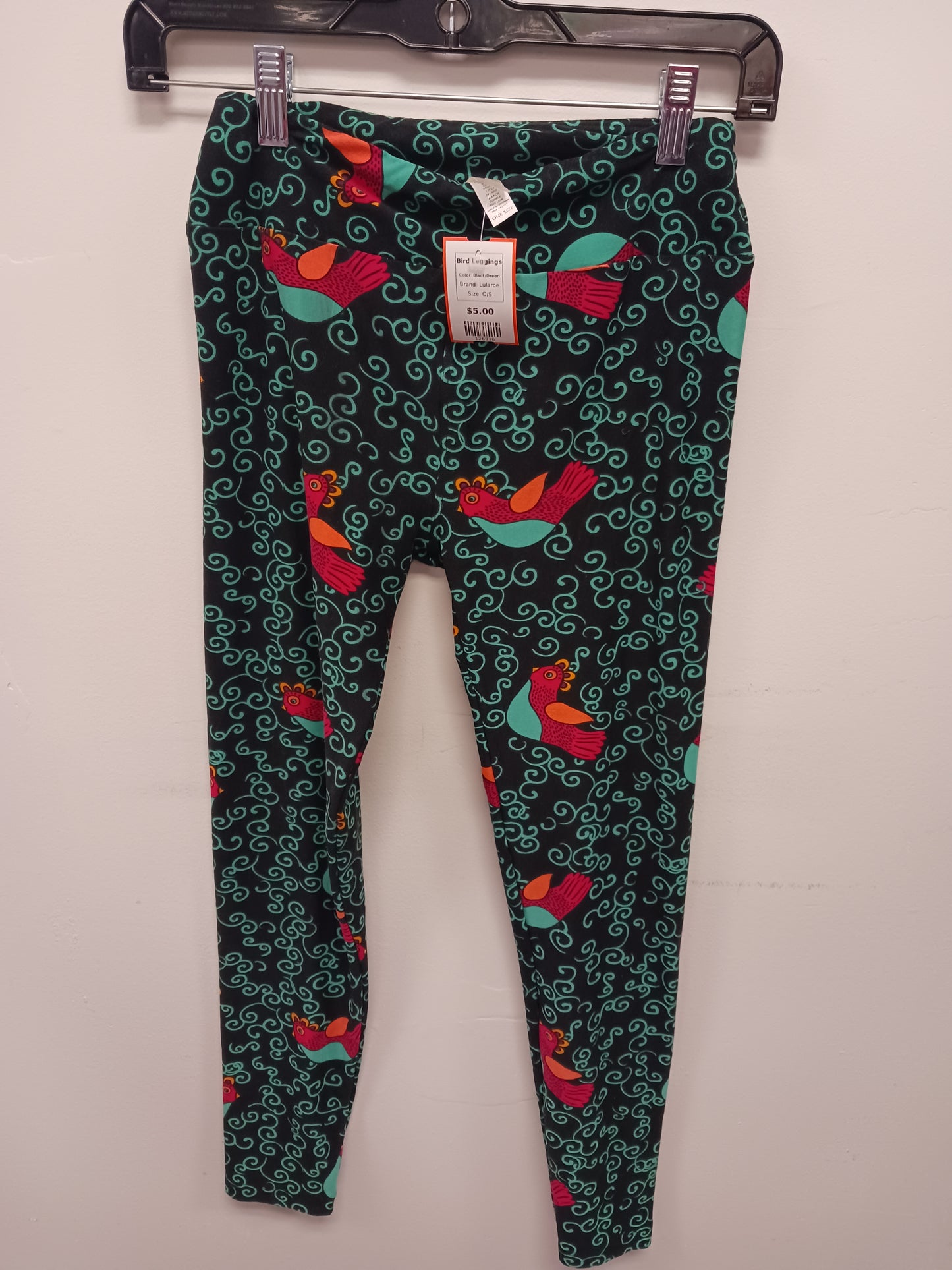 Black/Green Lularoe Bird Leggings, O/S