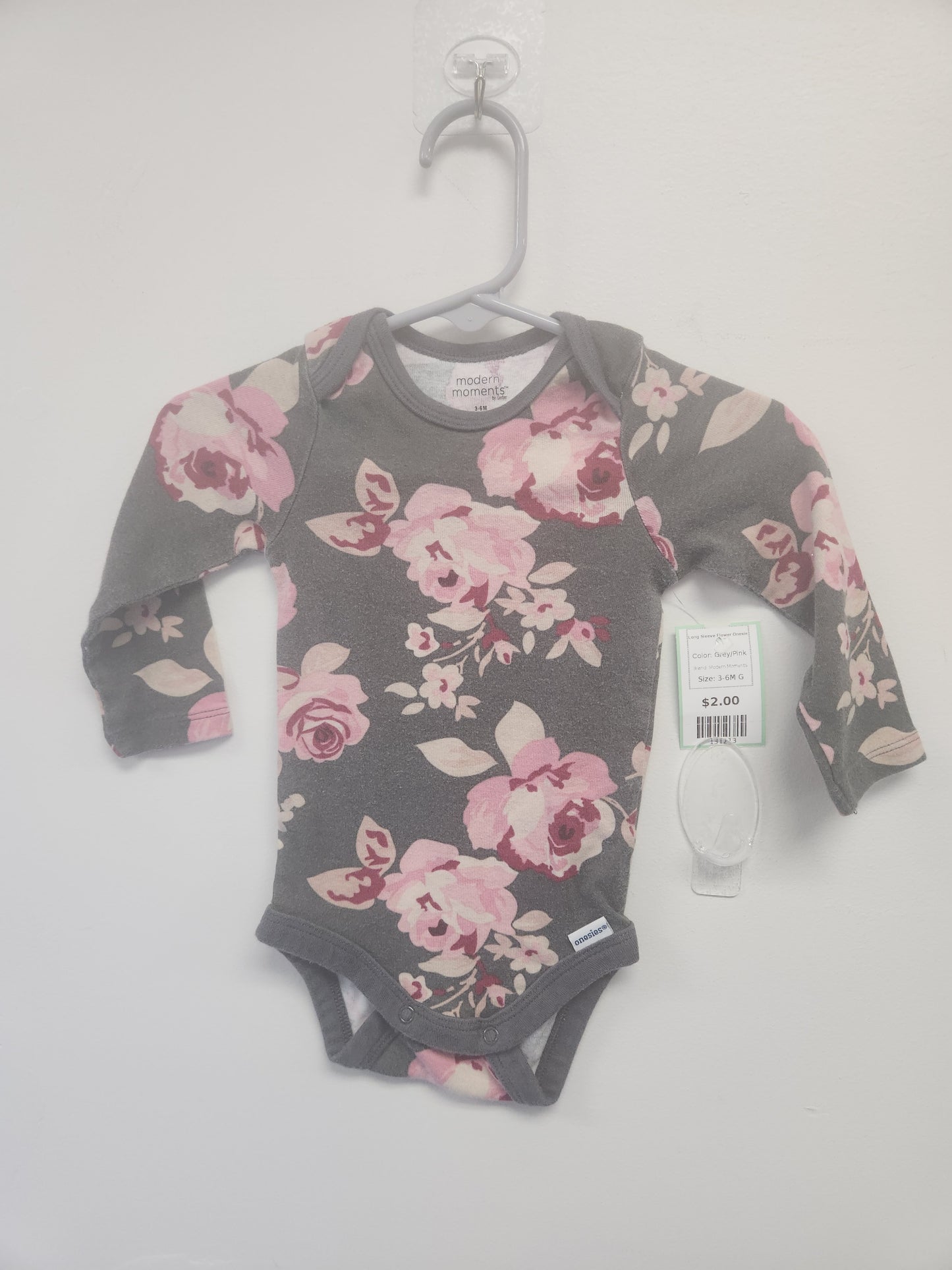 Grey/Pink Modern Moments Long Sleeve Flower Onesie, 3-6M G