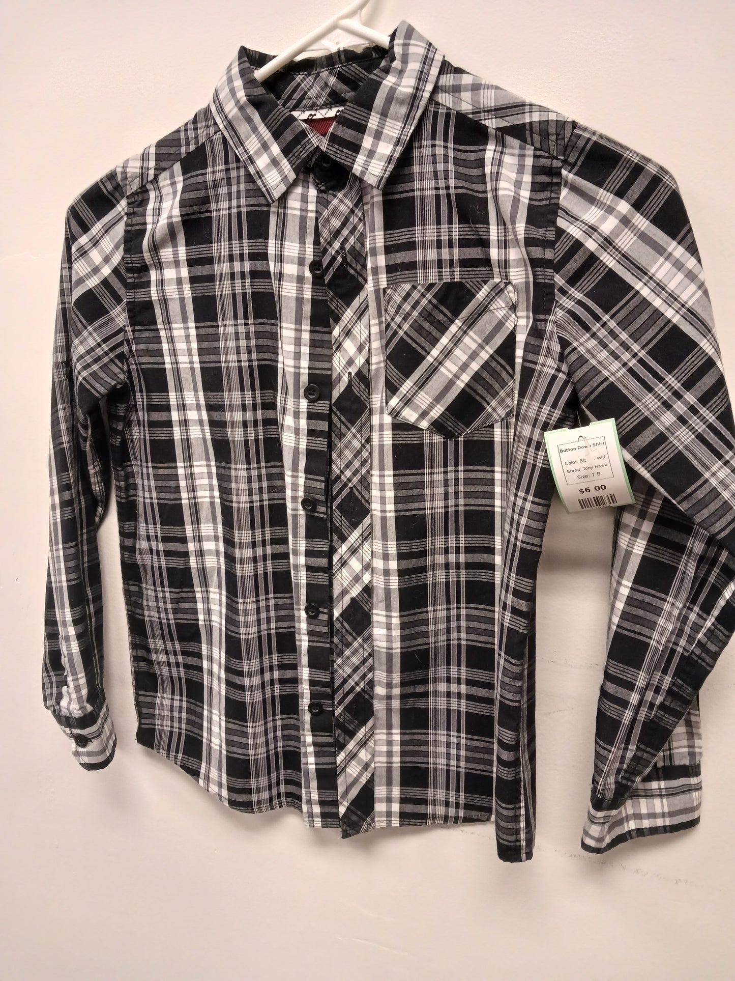 Black Plaid Tony Hawk Button Down Shirt, 7 B