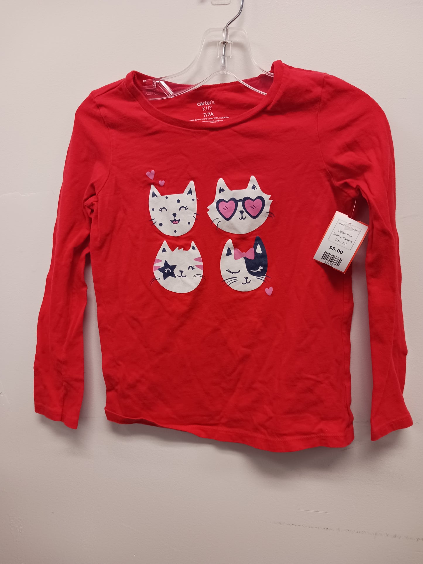 Red Carters Long Sleeve Cat Shirt, 7 G