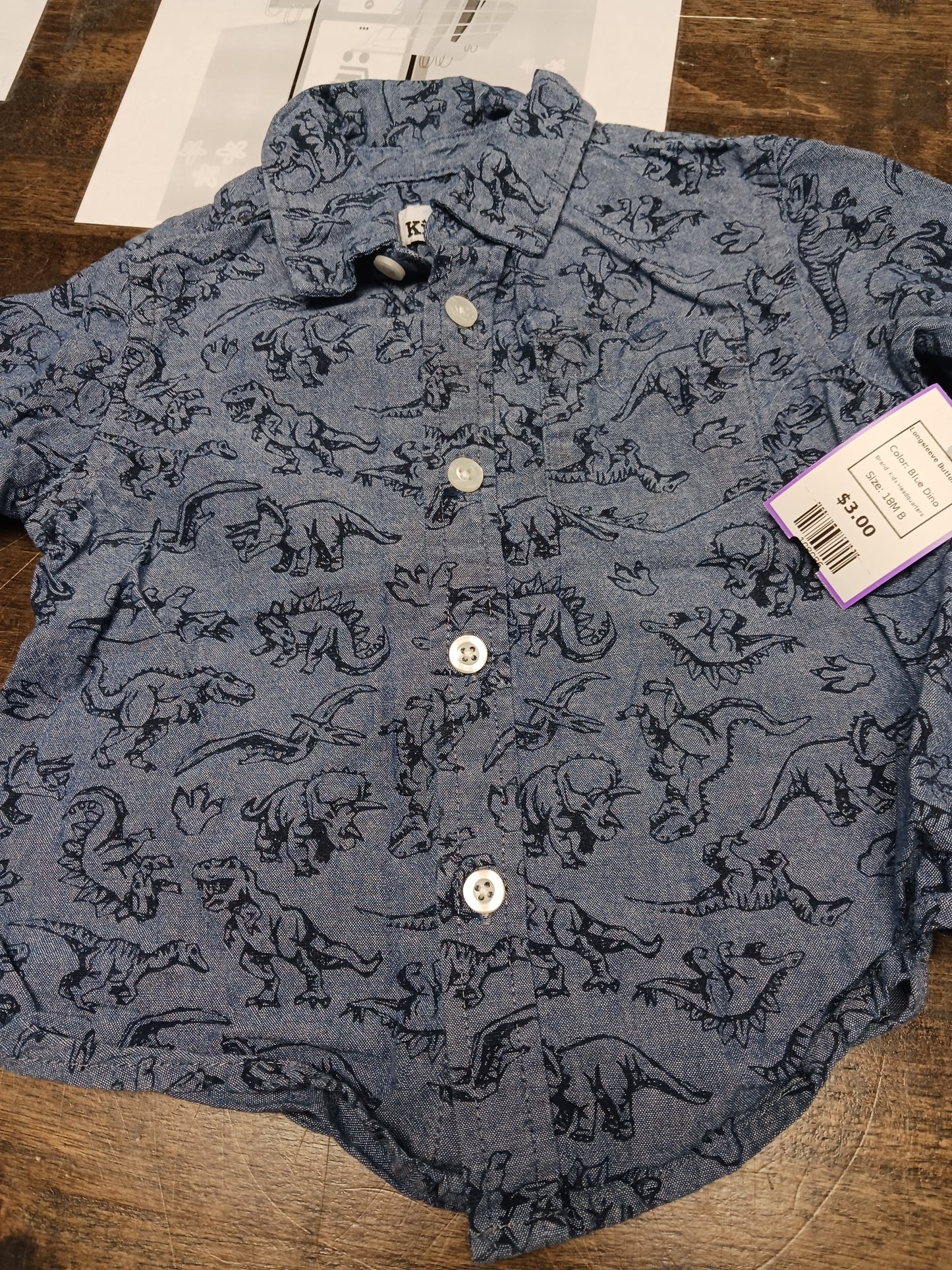 Blue Dino Kids Headquarters Longsleeve Button Up, 18M B