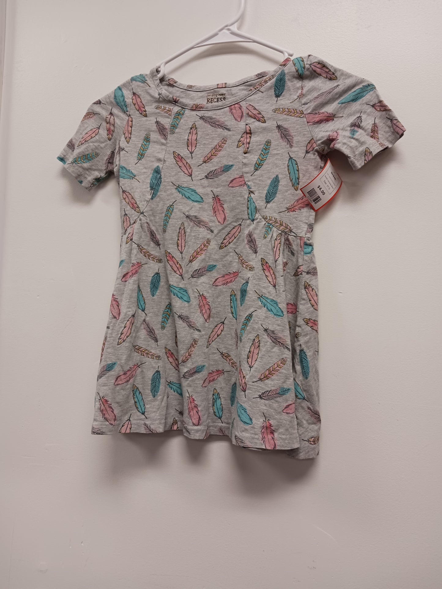 Grey/Pink/Blue Feather Jumping Bean Dress, 5T G