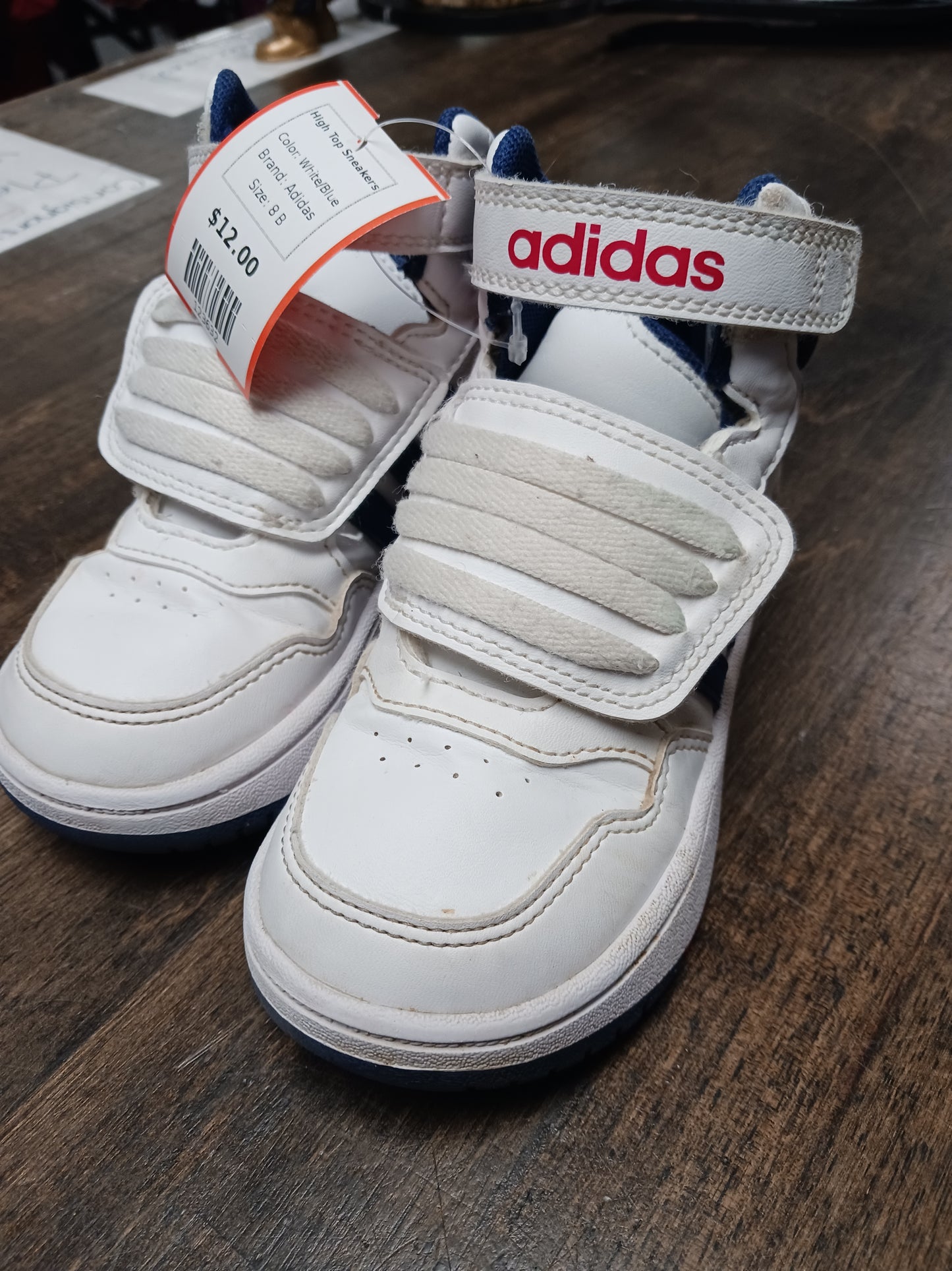 White/Blue Adidas High Top Sneakers, 8 B