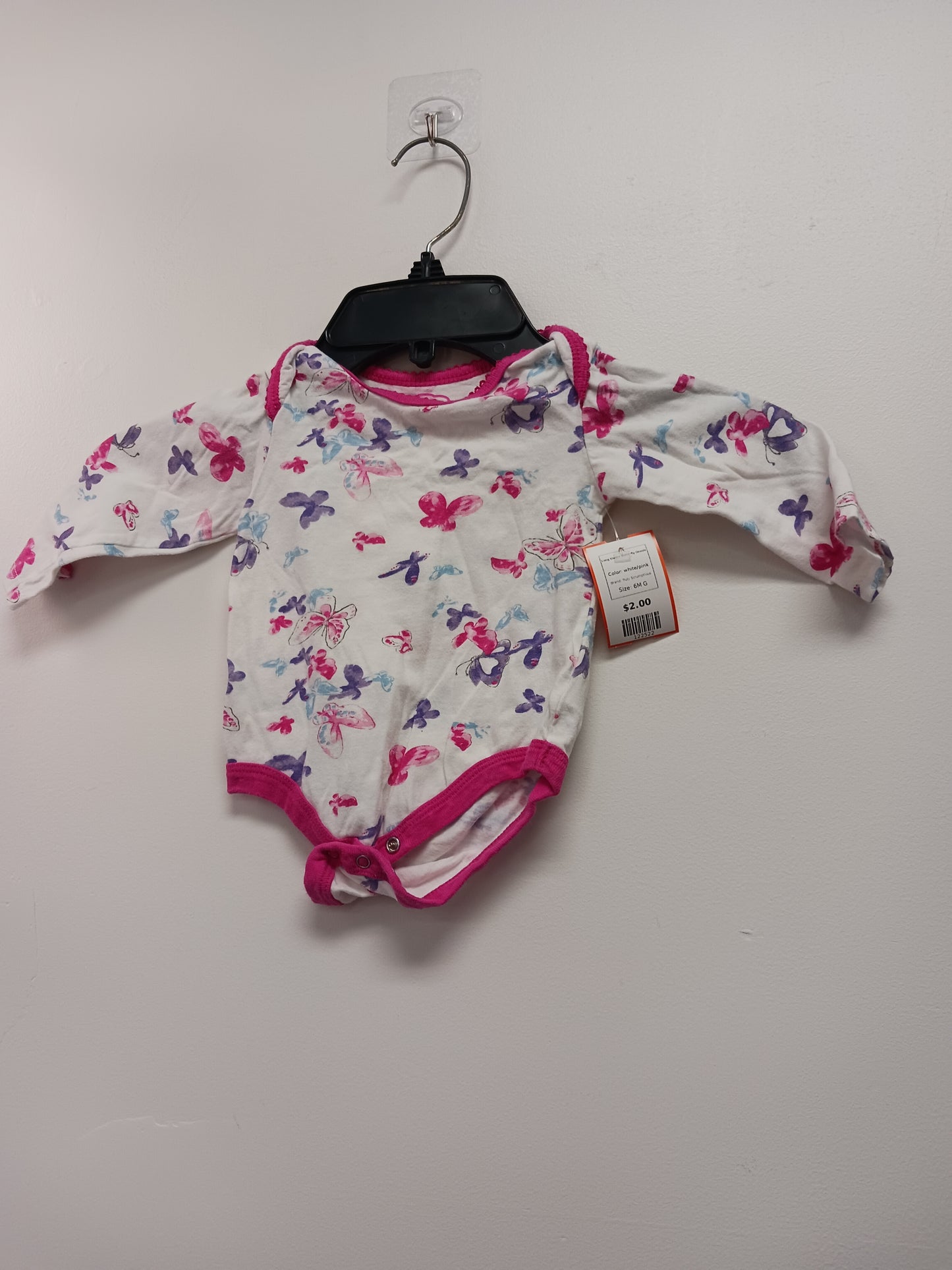 white/pink Truly Scrumptious Long Sleeve Butterfly Onesie, 6M G