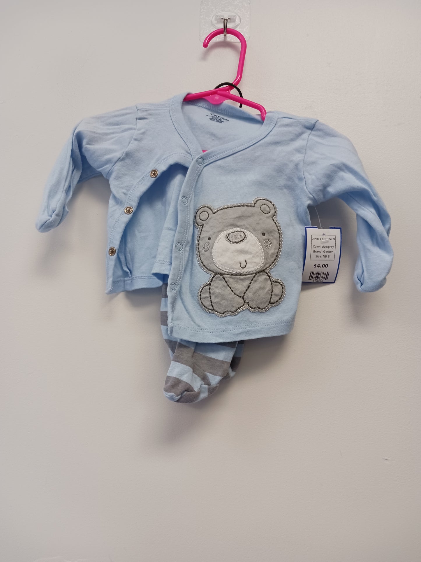 blue/grey Gerber 2 Piece Bear Outfit, NB B