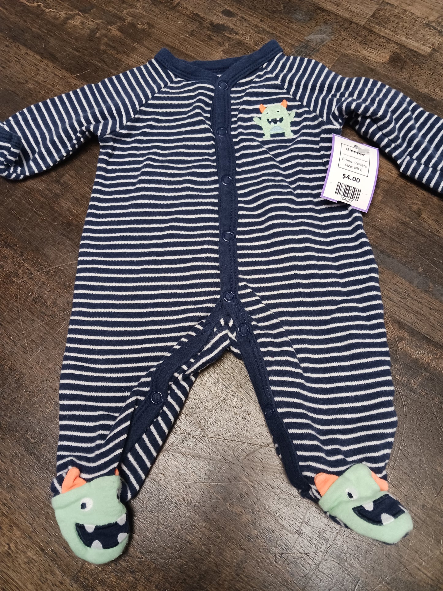 Navy/White Striped Monster Carters Sleeper, NB B