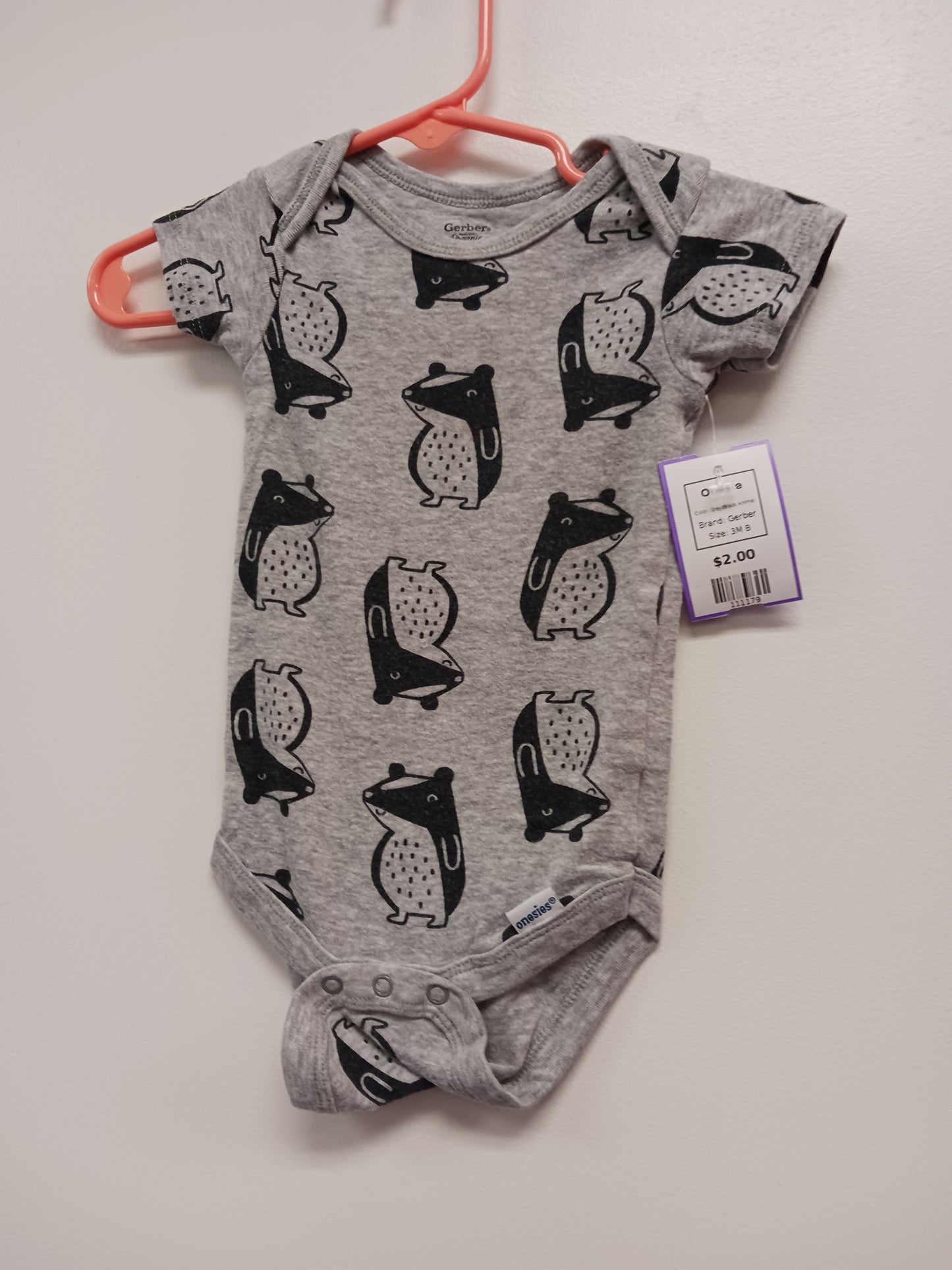 Grey/Black Animal Gerber Onesie, 3M B