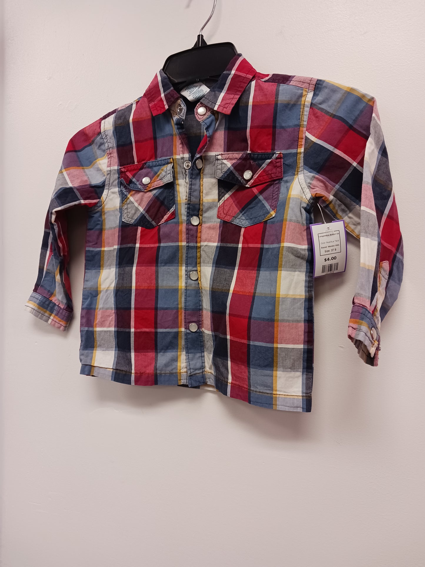 Red/Blue Plaid Wonder Kids Longsleeve Button Up, 3T B