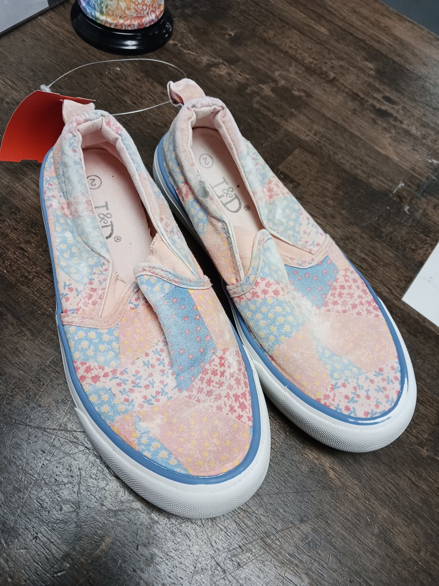 Pink/Blue Flower Lily & Dan Slip Ons, 2Y G