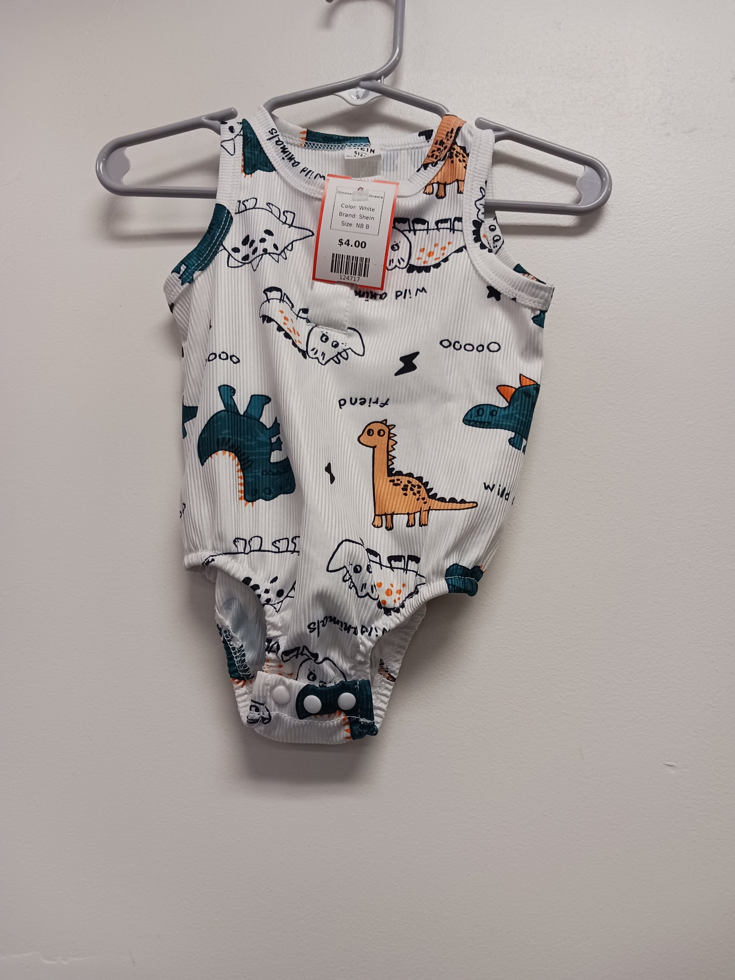 White Shein Dinosaur Tank Onesie, NB B