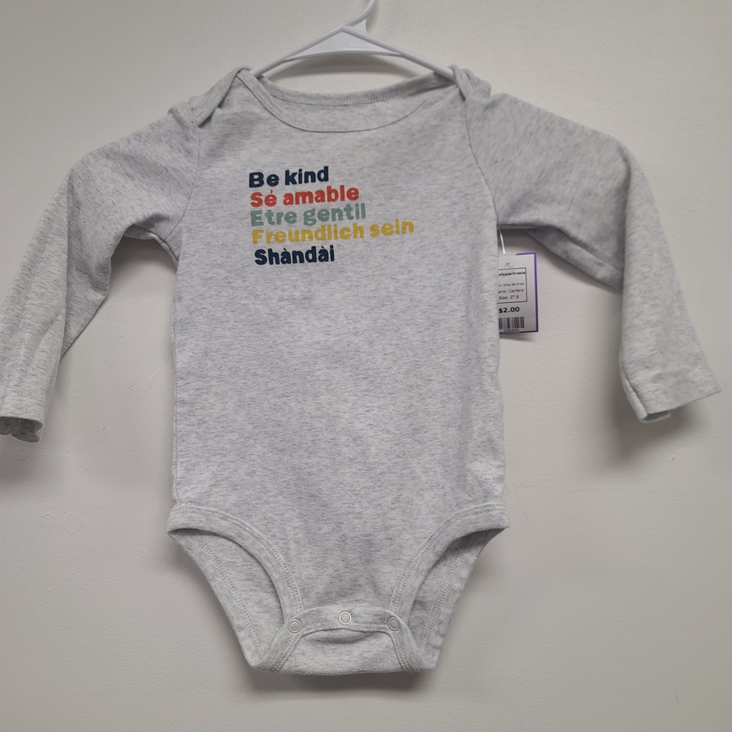 Grey Be Kind Carters Longsleeve Onesie, 2T B