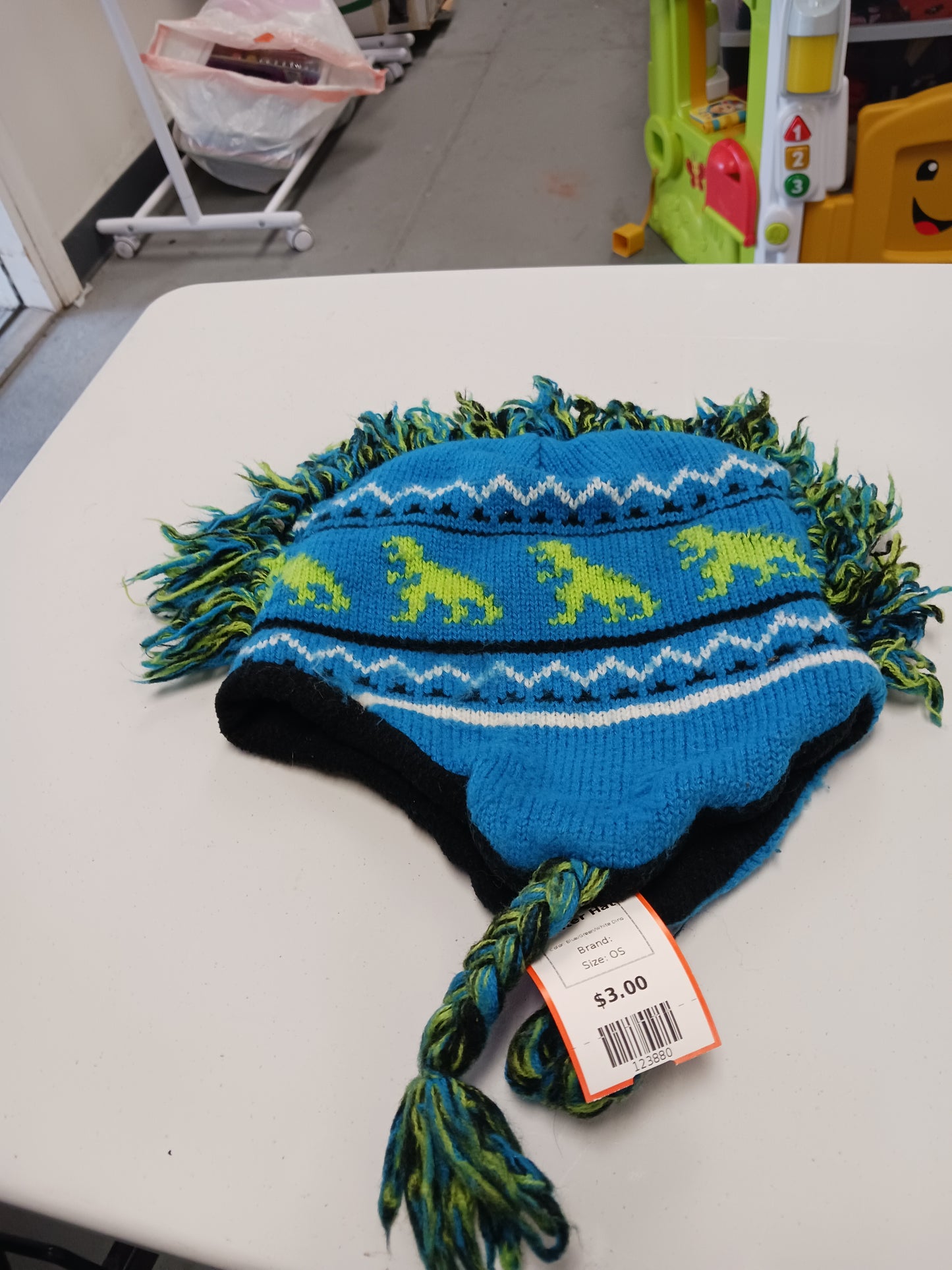 Blue/Green/White Dino Winter Hat, OS