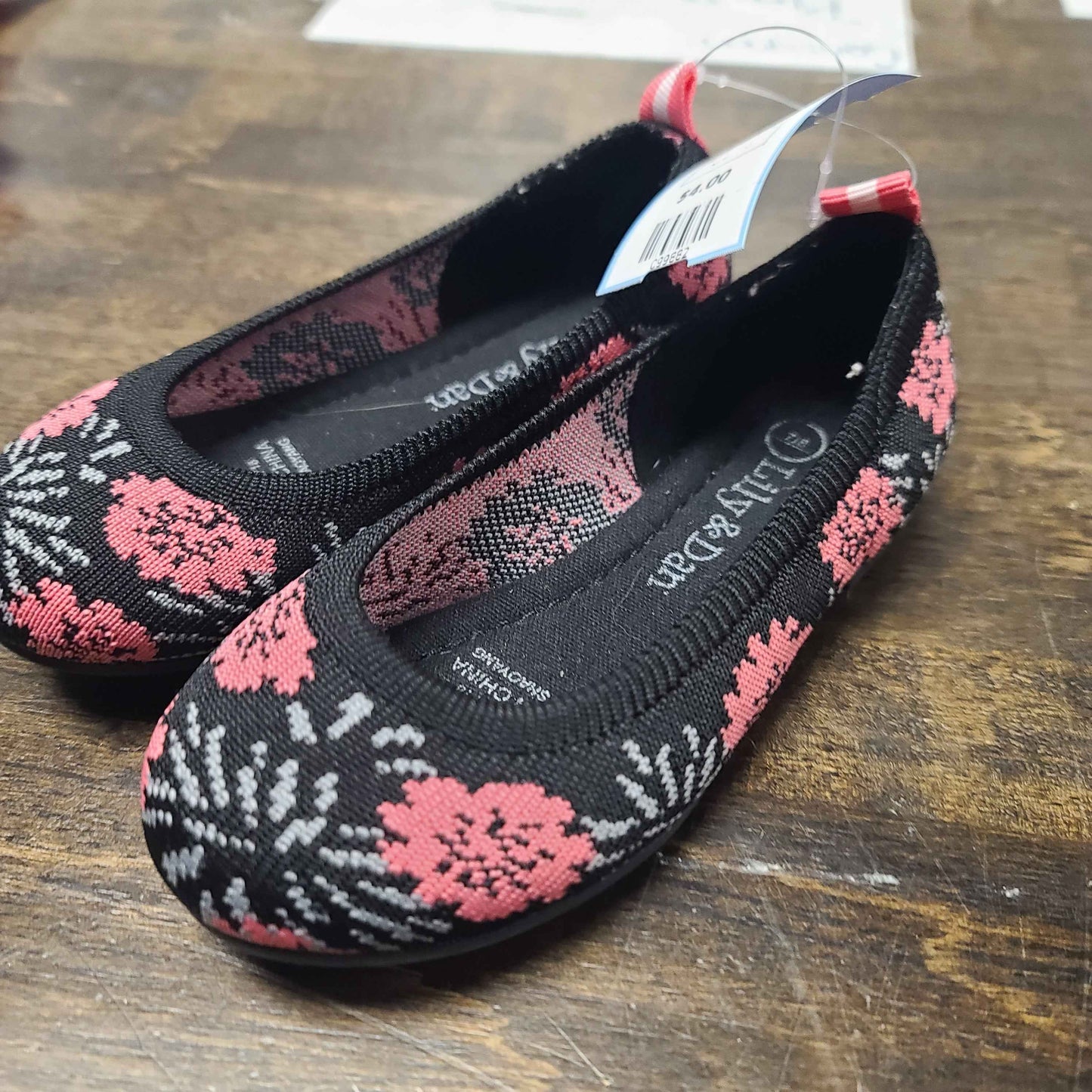 Black/Pink Flower Lily & Dan Flats, 7 G