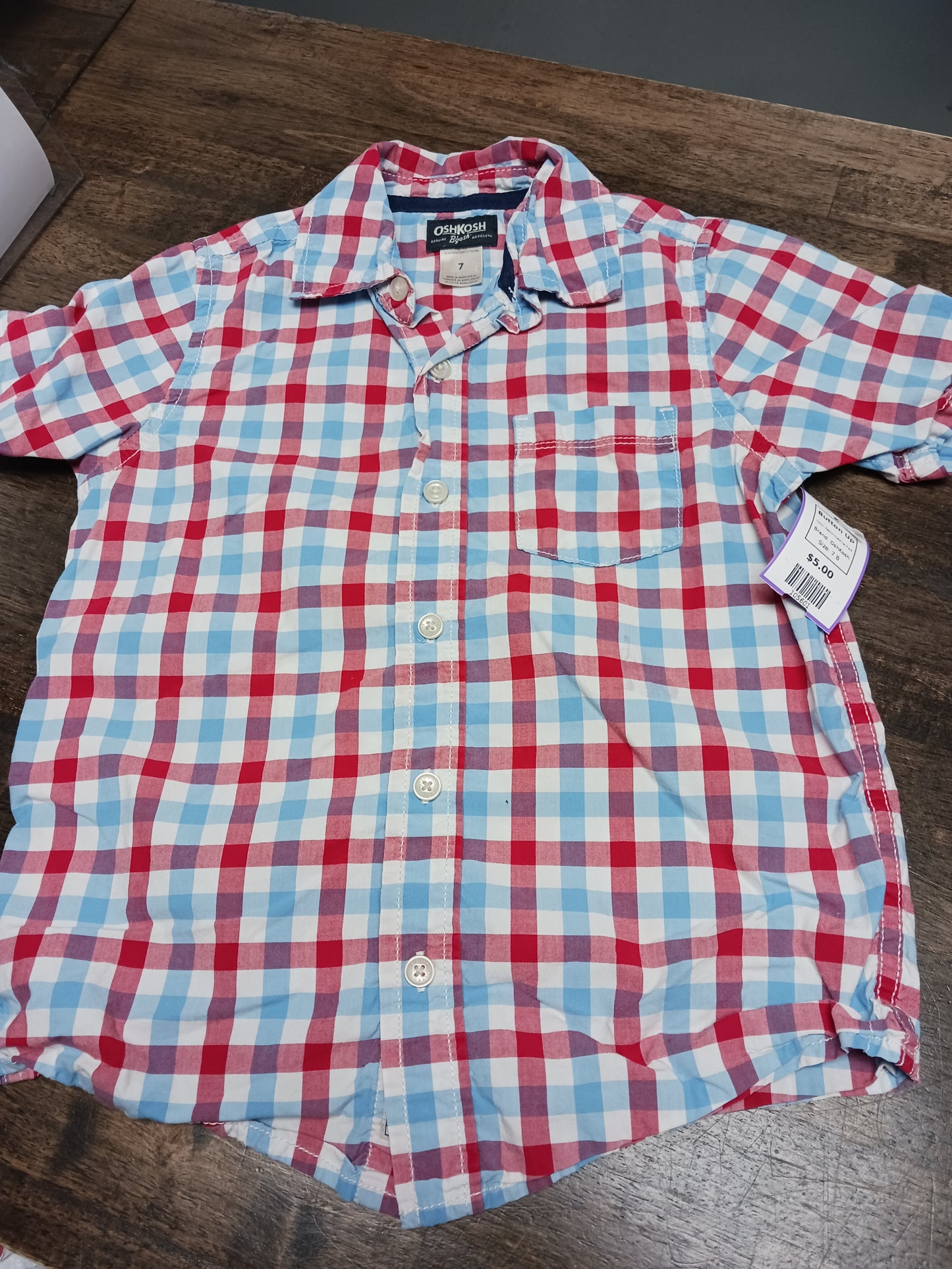 Red/White/Blue Plaid OshKosh Button Up, 7 B
