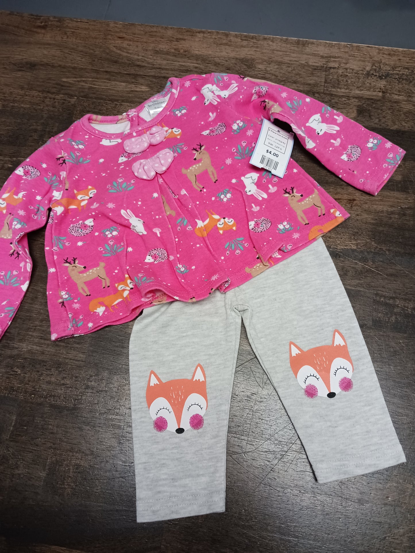 pink/grey Little Beginnings 2 Piece Fox Outfit, 12M G
