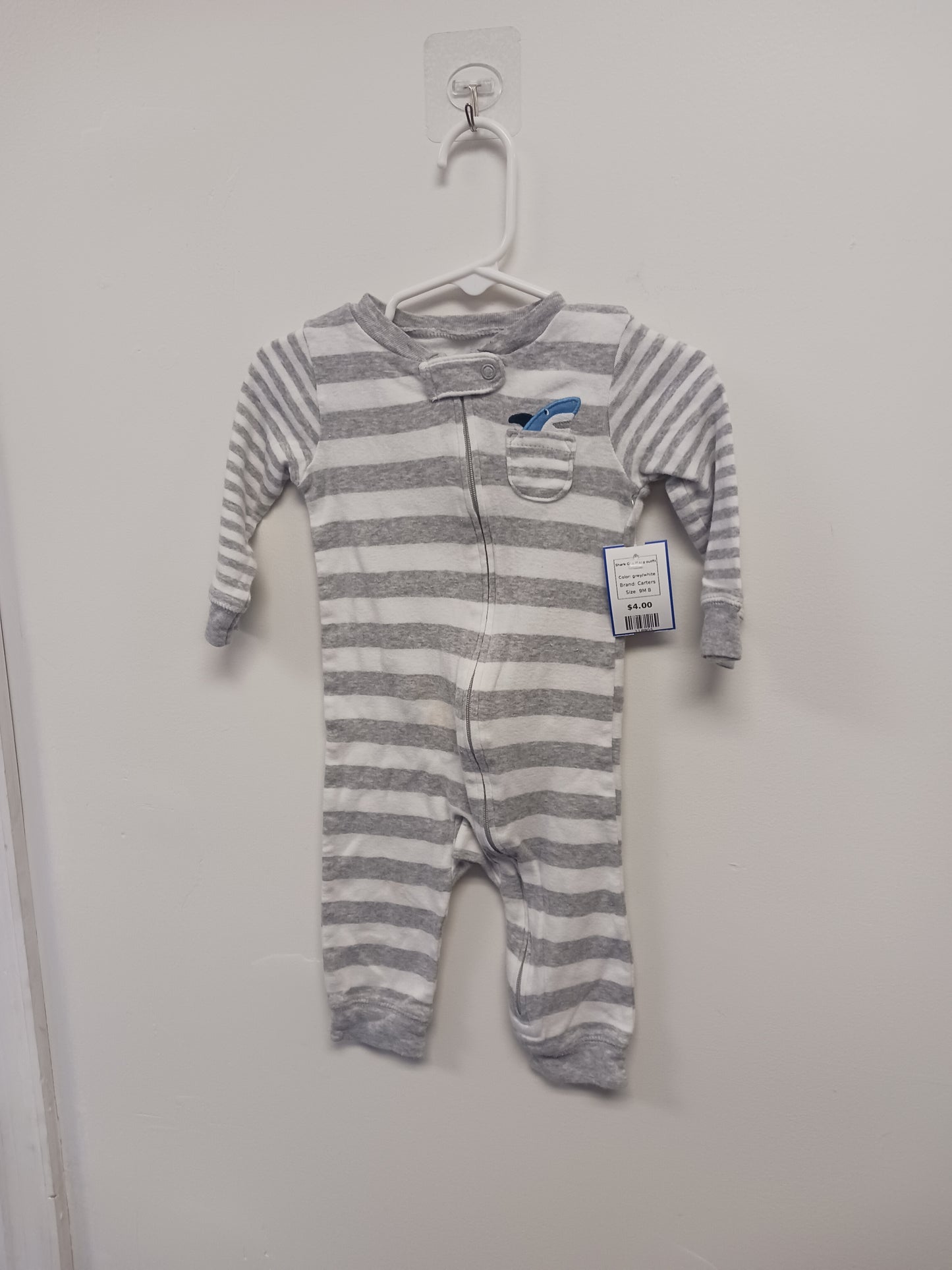 grey/white Carters Shark One Piece outfit, 9M B