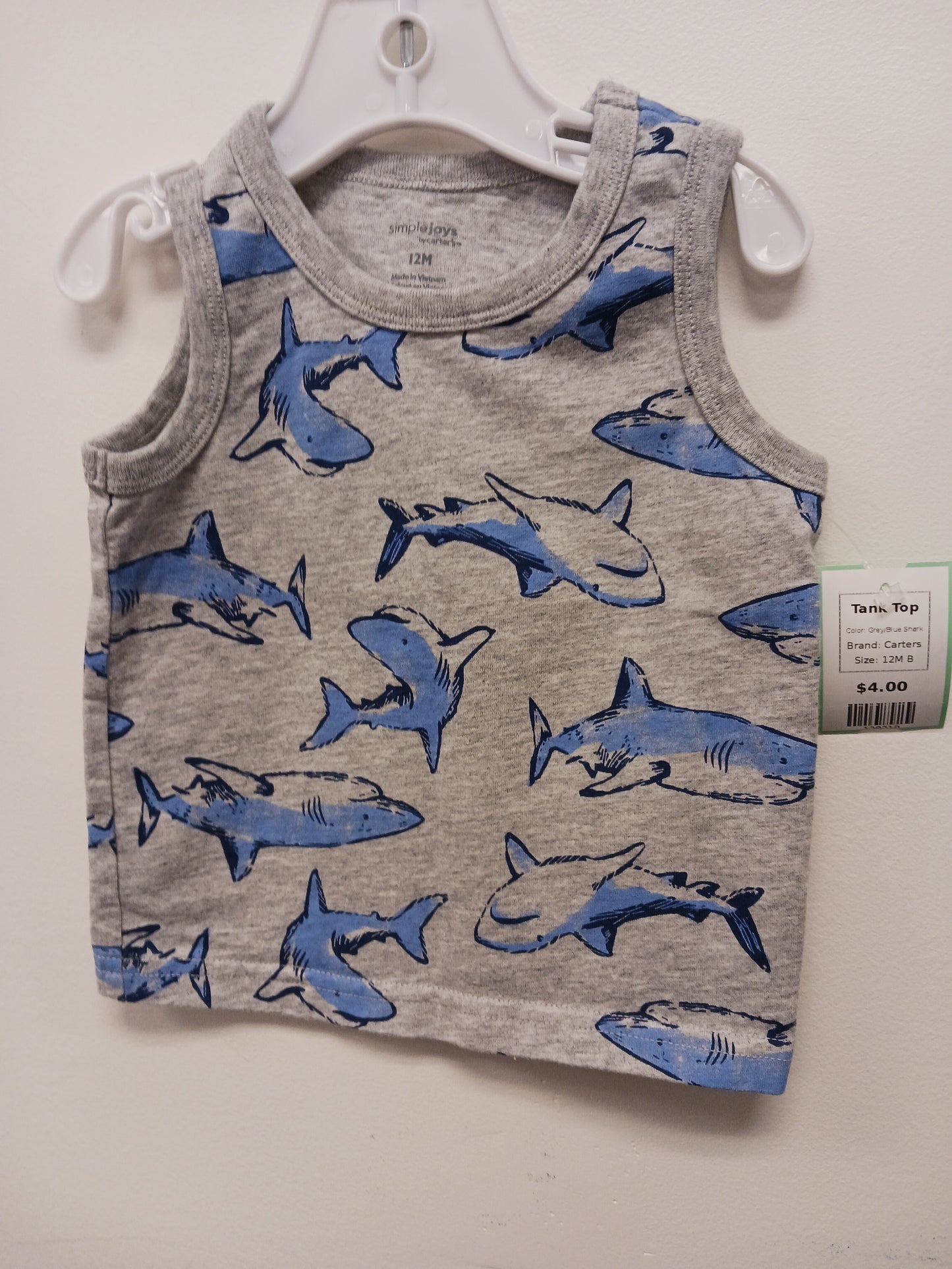 Grey/Blue Shark Carters Tank Top, 12M B