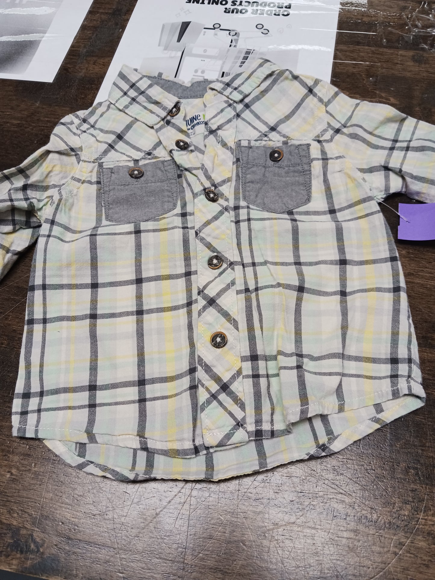 White/Blue/Yellow/Grey Plaid OshKosh Longsleeve Button Up, 12M B