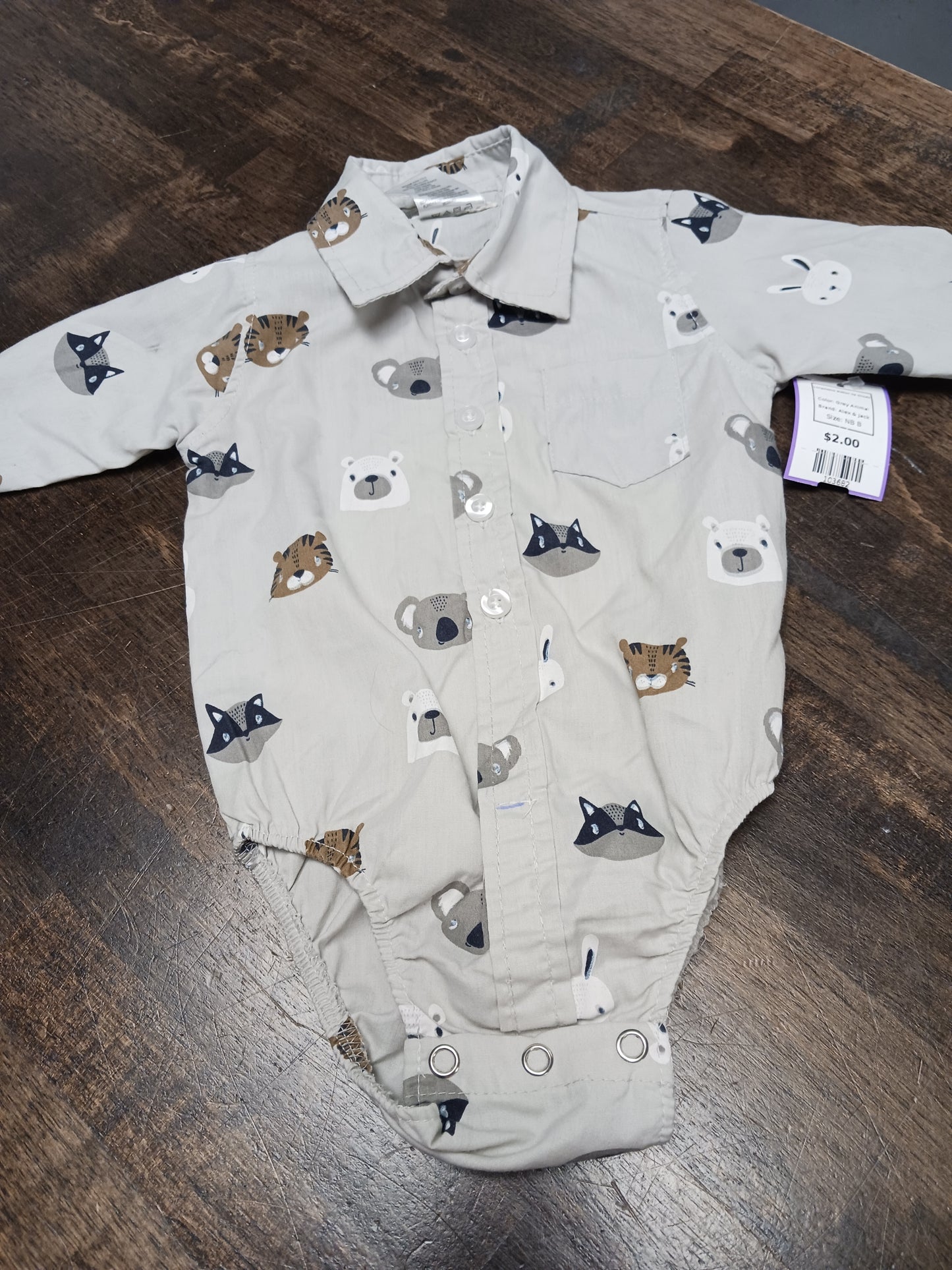 Grey Animal Alex & Jack Longsleeve Button Up Onesie, NB B
