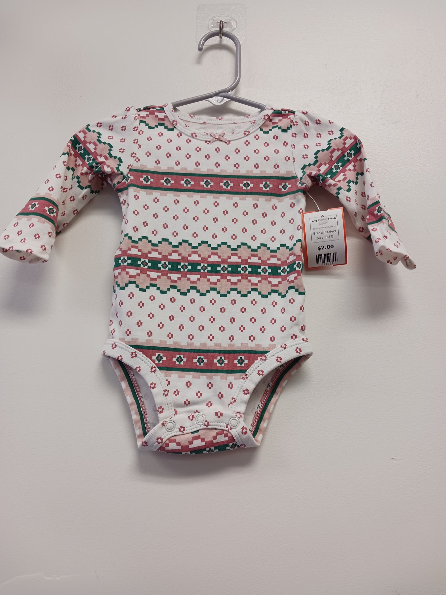 white/pink/green Carters Long Sleeve Onesie, 6M G