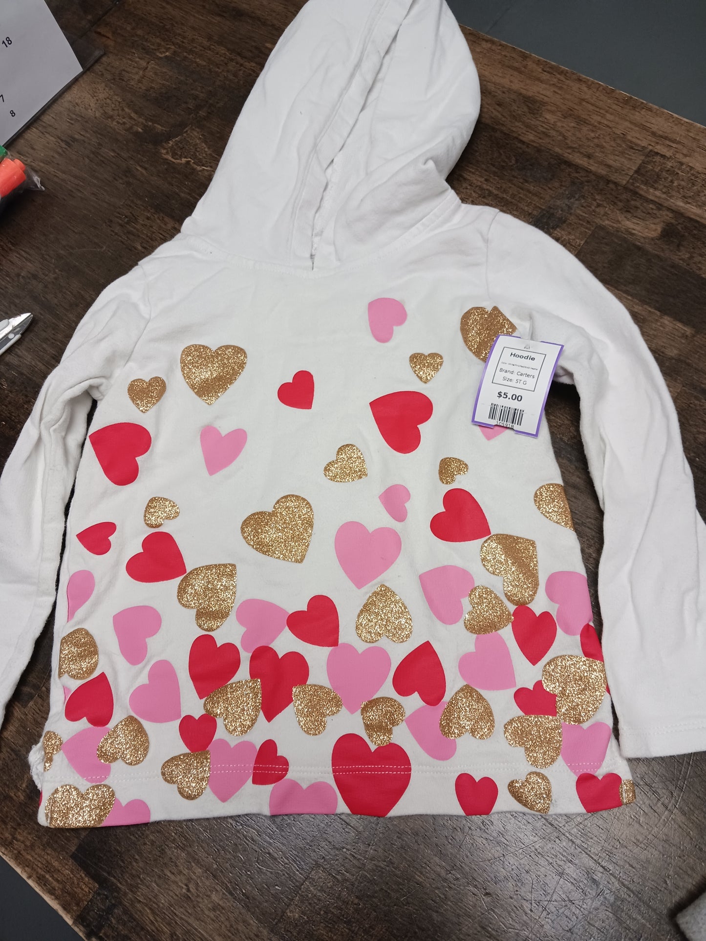 White/Pink/Red/Gold Hearts Carters Hoodie, 5T G