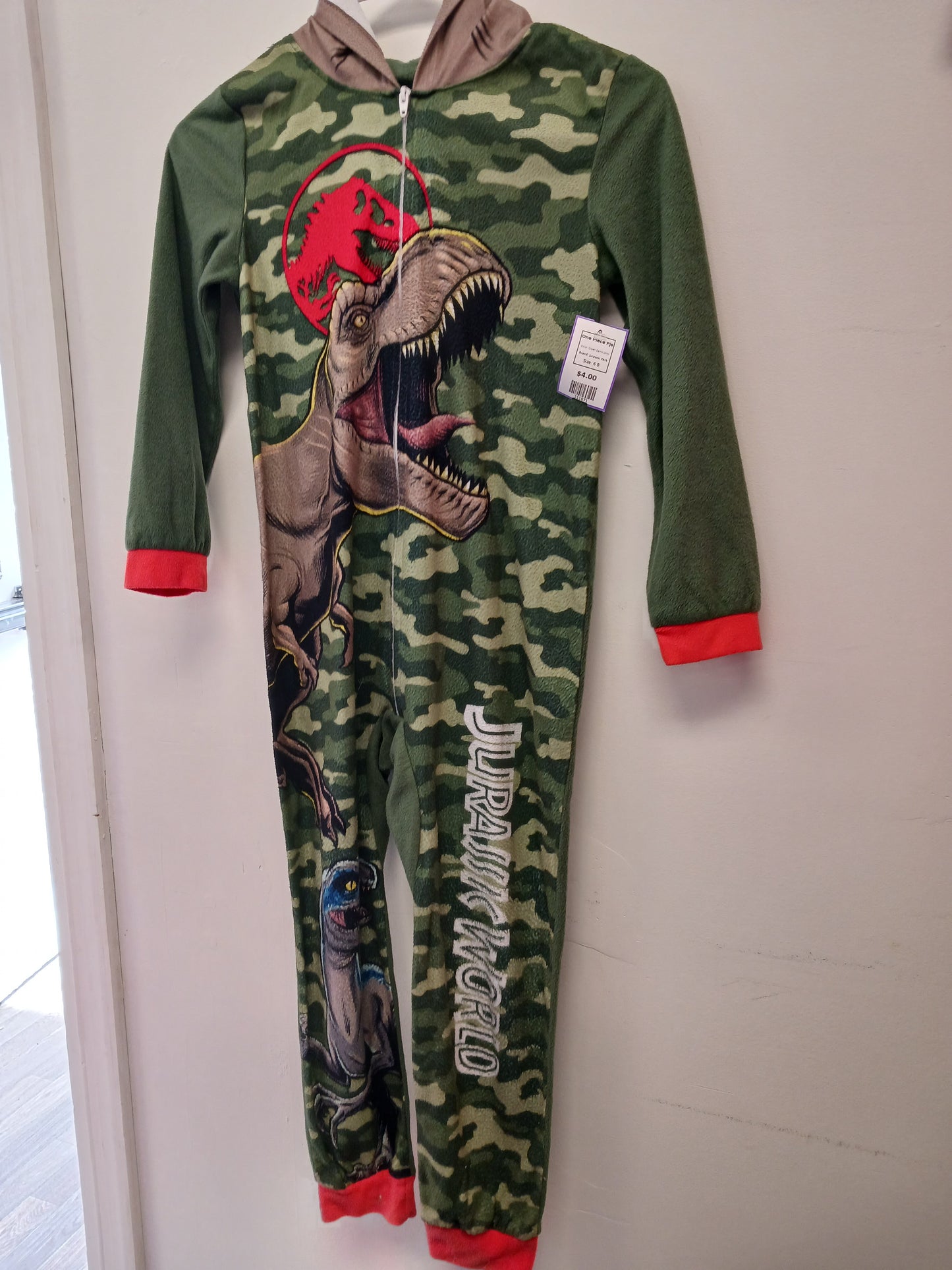 Green Camo Dino Jurassic Park One Piece Pjs, 6 B