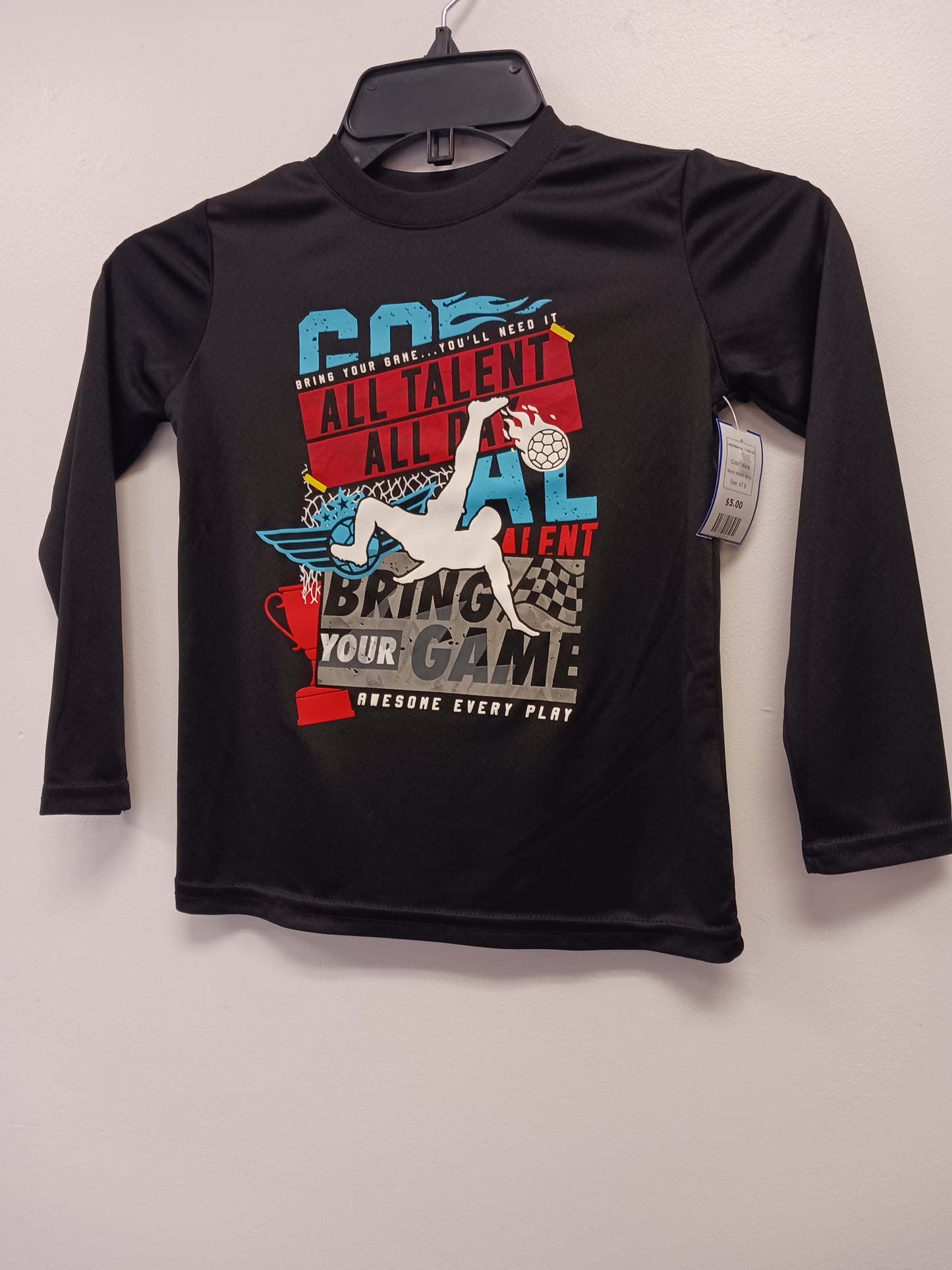 black Athletic Works Long Sleeve Soccer Tshirt 4/5, 4T B