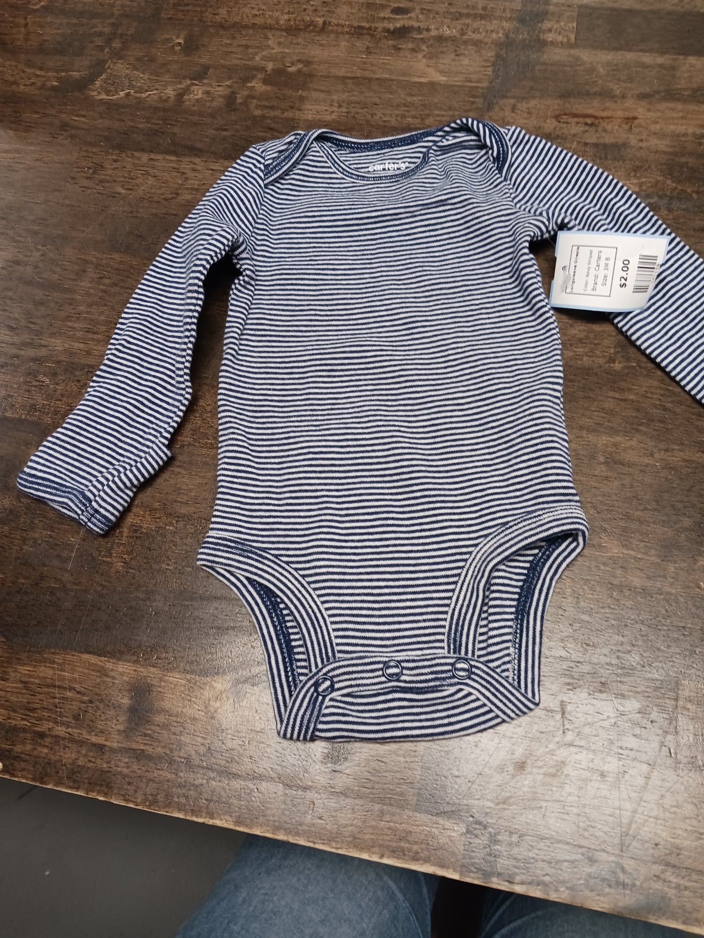 Navy Striped Carters Longsleeve Onesie, 3M B