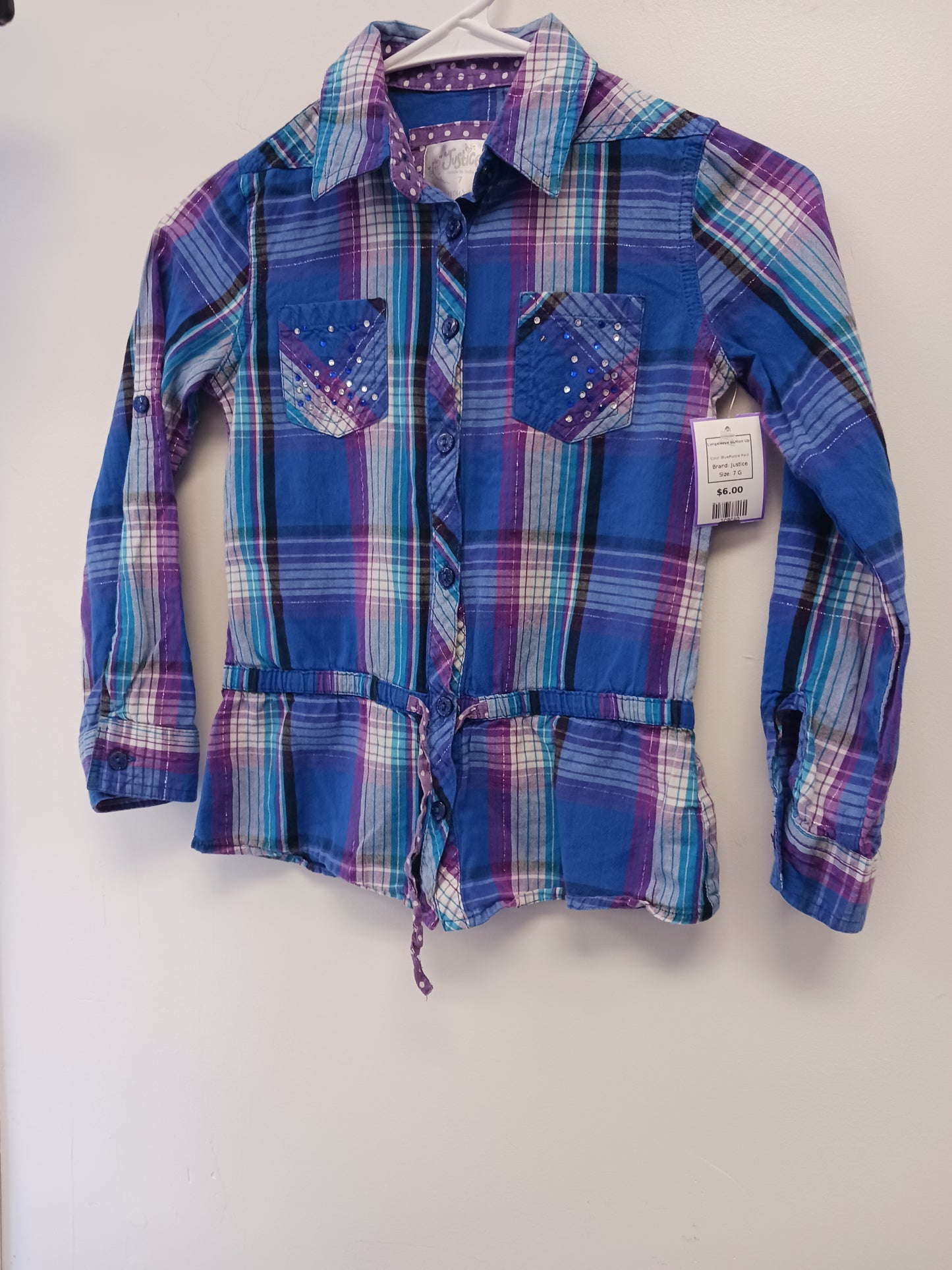 Blue/Purple Plaid Justice Longsleeve Button Up, 7 G