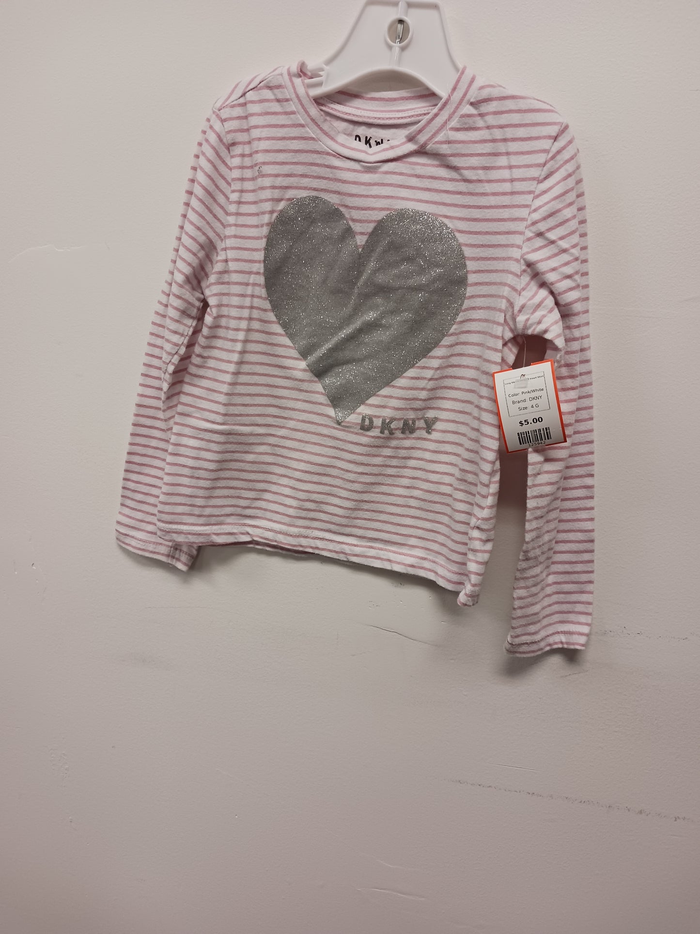 Pink/White DKNY Long Sleeve Striped Heart Shirt, 4 G
