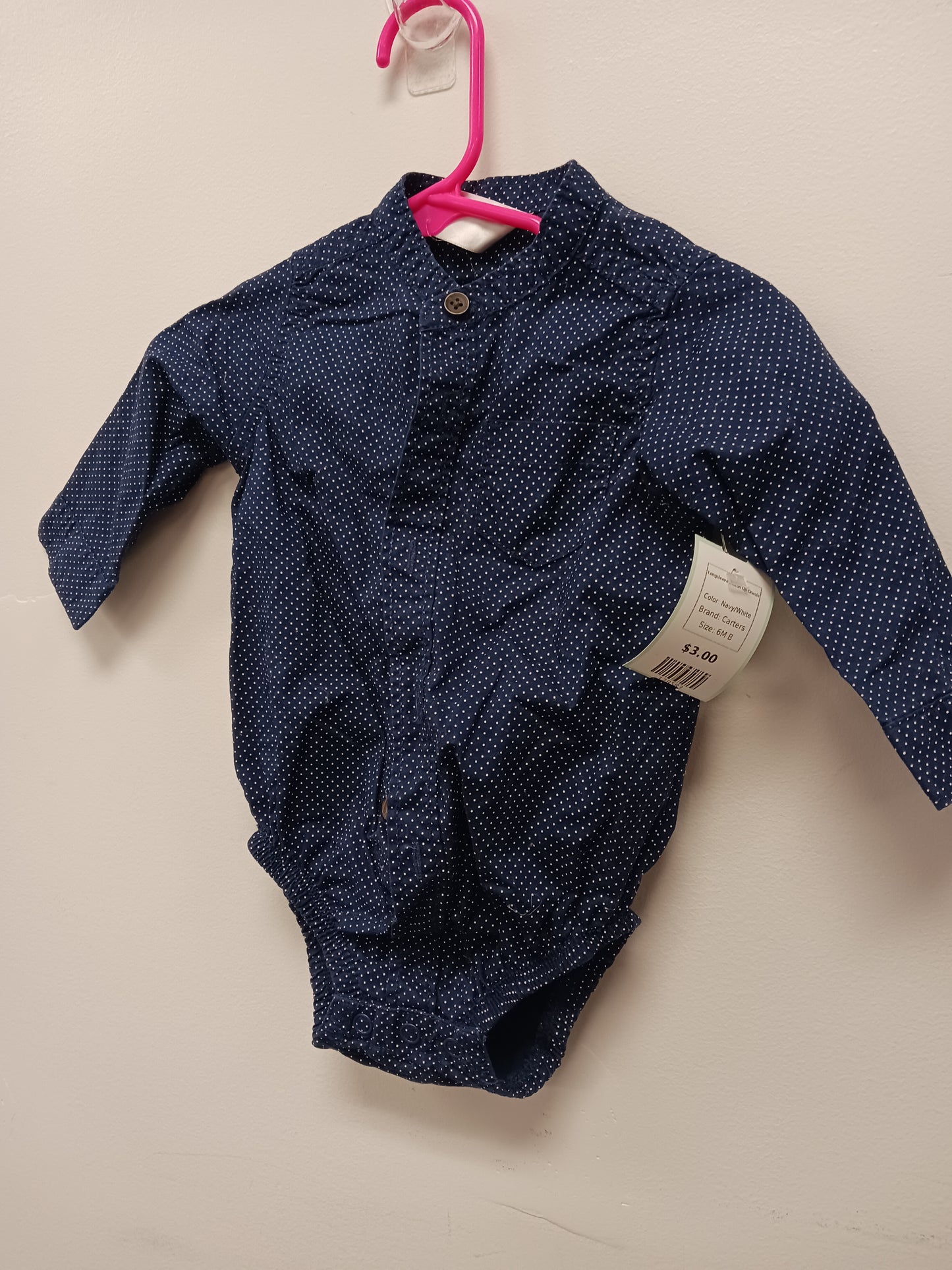 Navy/White Carters Longsleeve Button Up Onesie, 6M B