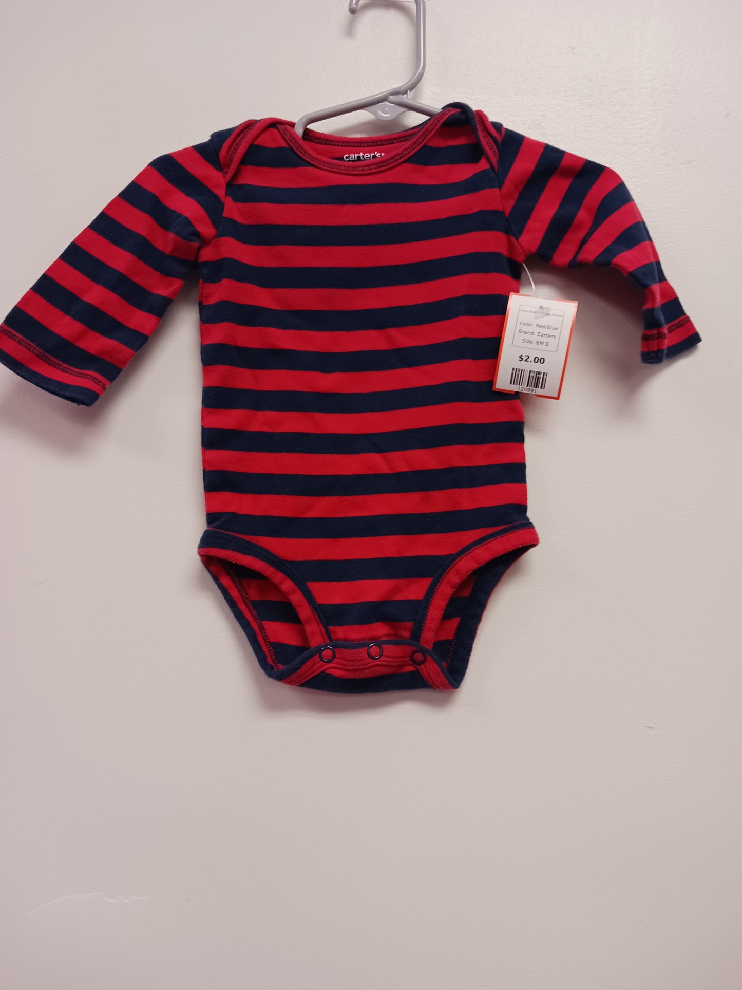 Red/Blue Carters Long Sleeve Striped Onesie, 6M B