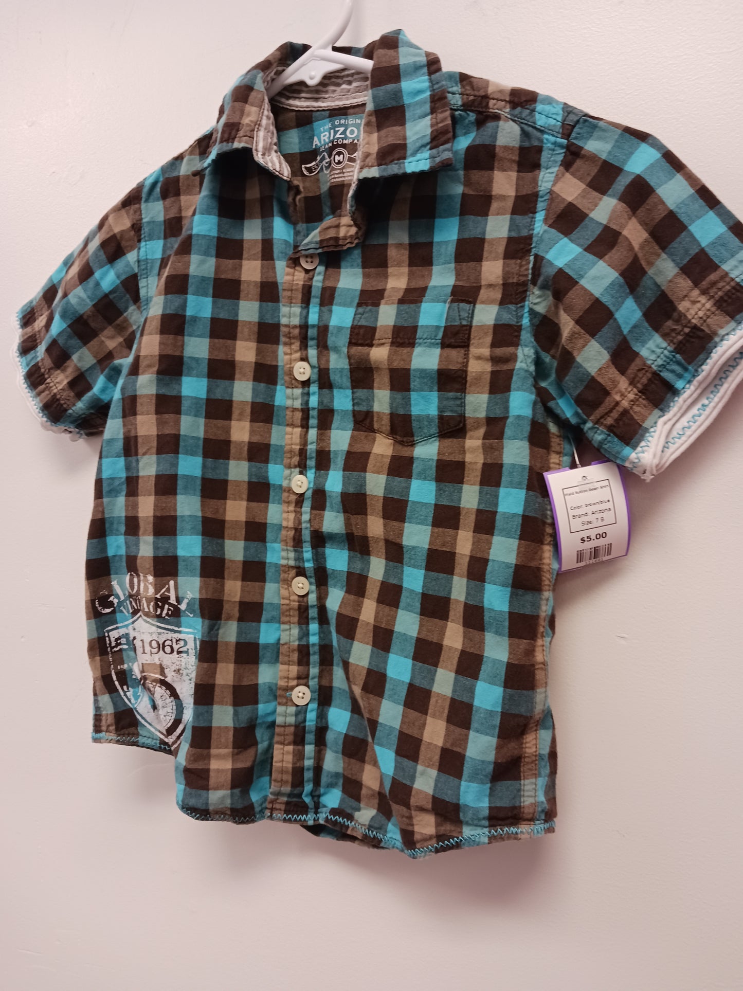 brown/blue Arizona Plaid Button Down Shirt, 7 B
