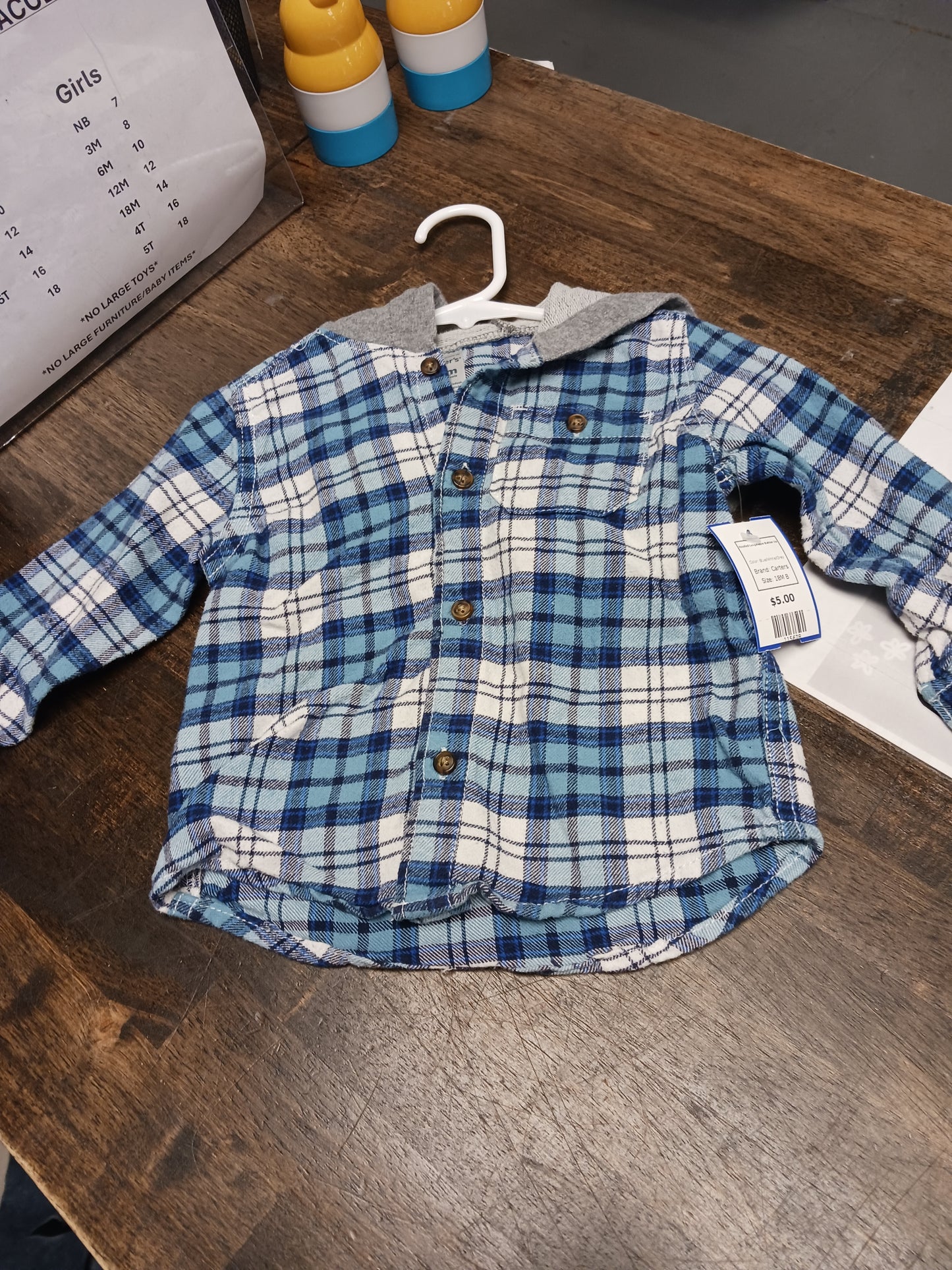 Blue/White/Grey Carters Hooded Longsleeve Button Up, 18M B