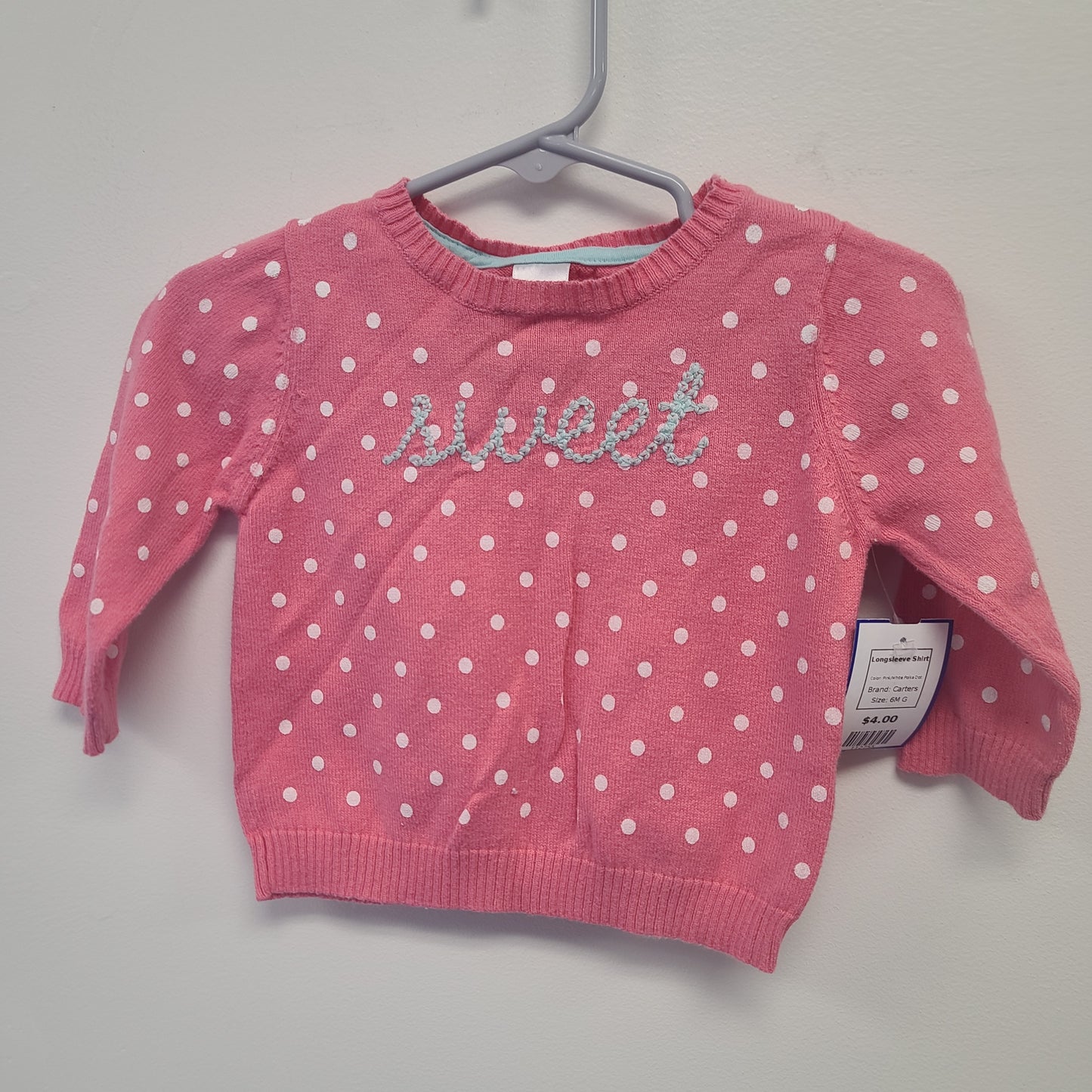Pink/White Polka Dot Carters Longsleeve Shirt, 6M G
