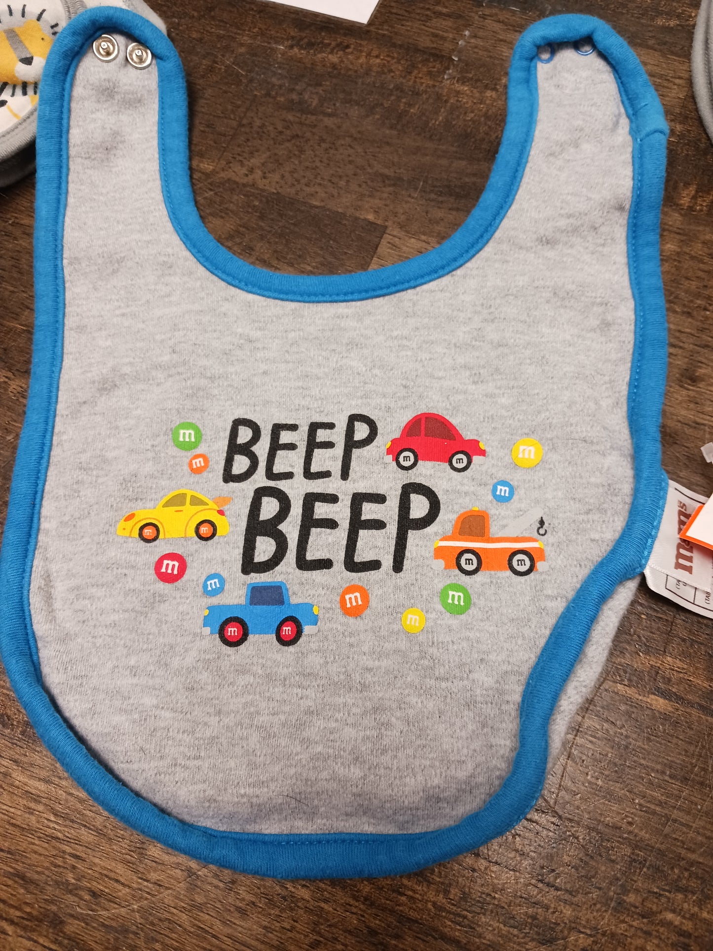 grey/blue M & M's M M Bib