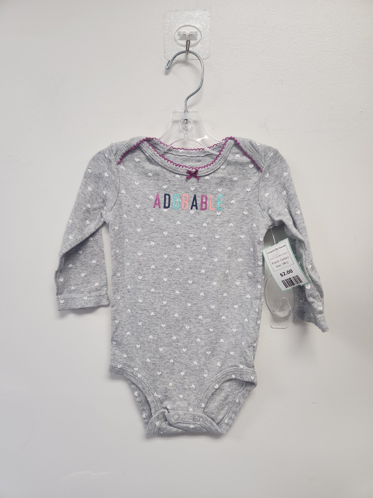Grey/White Heart Carters Longsleeve Onesie, 9M G