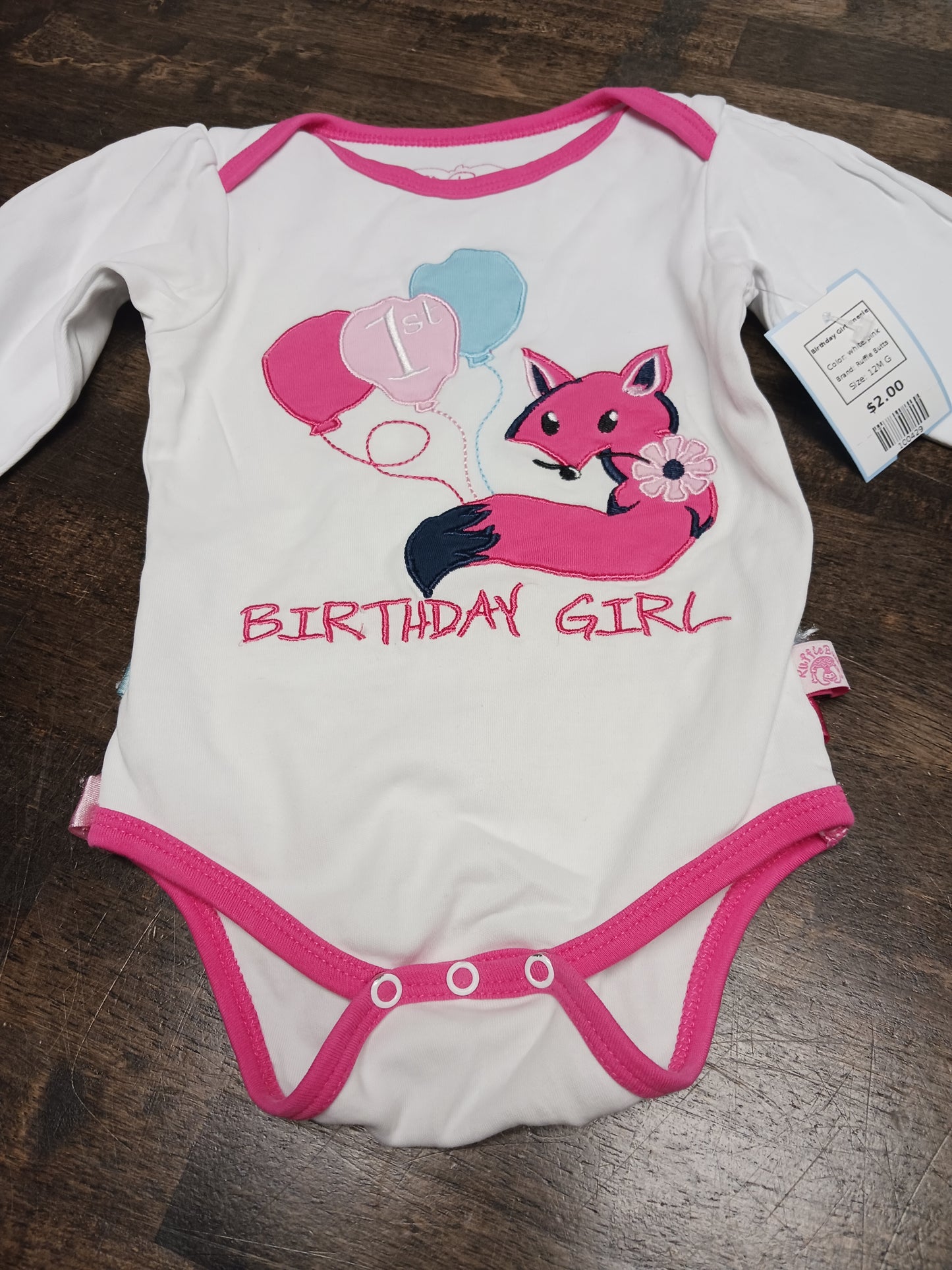 white/pink Ruffle Butts Birthday Girl Onesie, 12M G