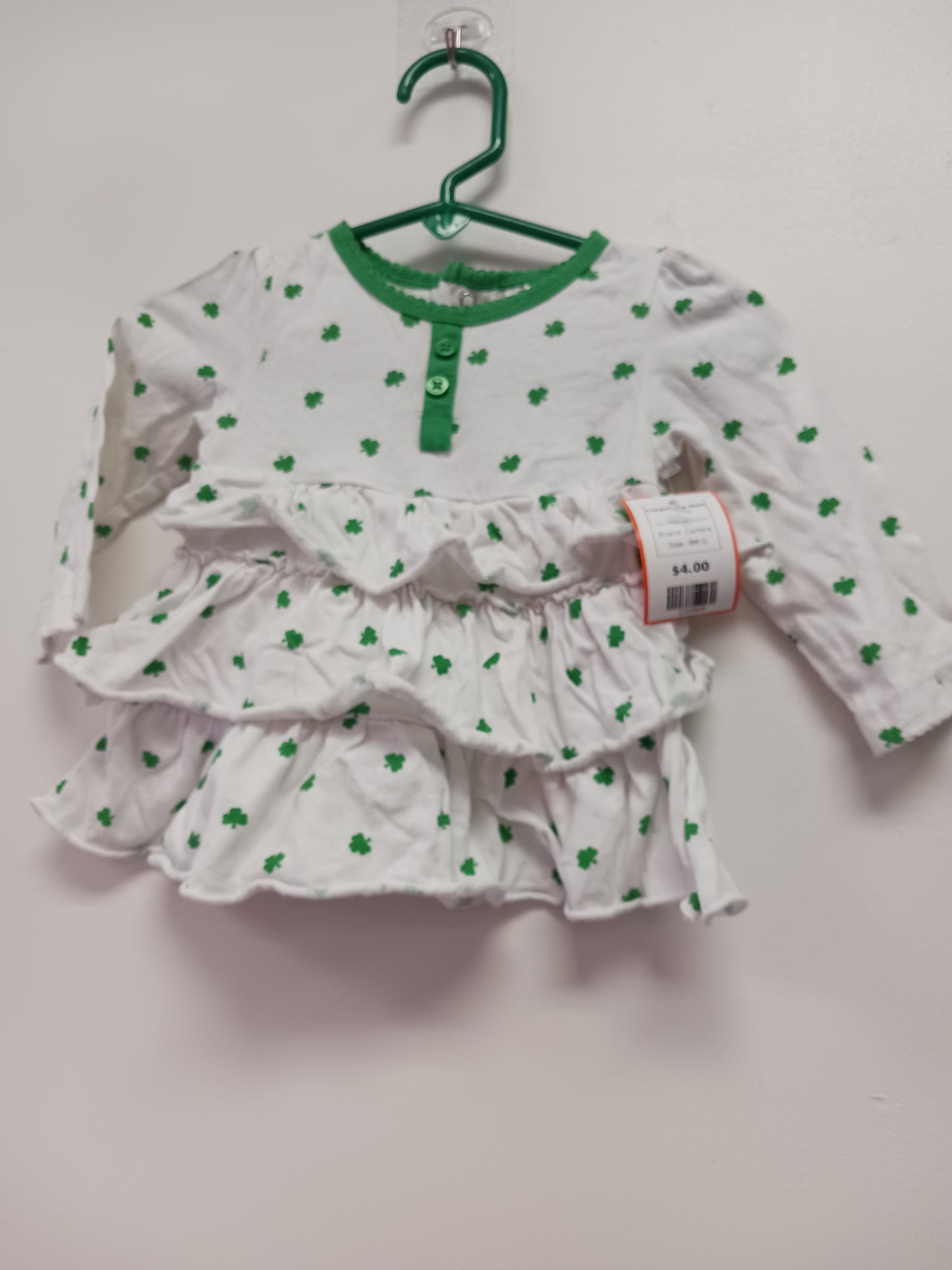 White/Green Shamrock Carters Longsleeve Shirt, 9M G