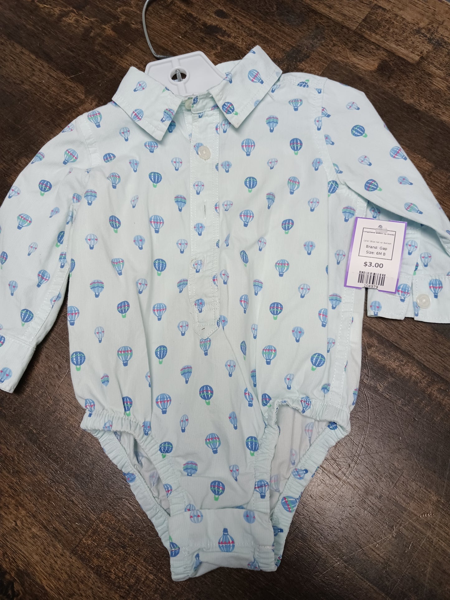 Blue Hot Air Balloon Gap Longsleeve Button Up Onesie, 6M B