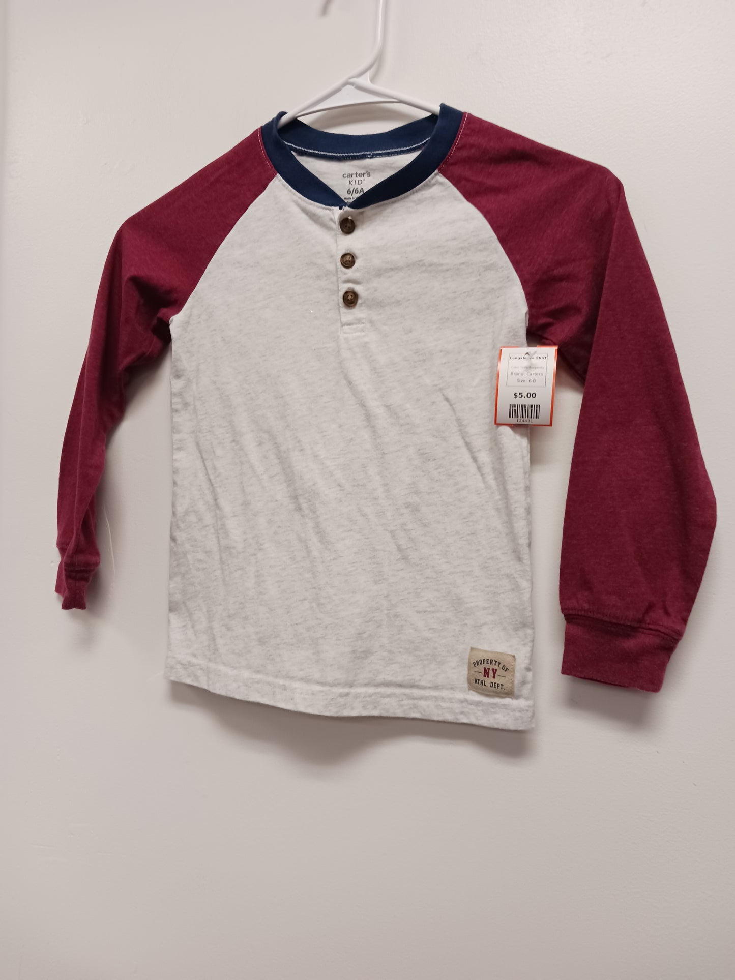 Grey/Burgandy Carters Longsleeve Shirt, 6 B