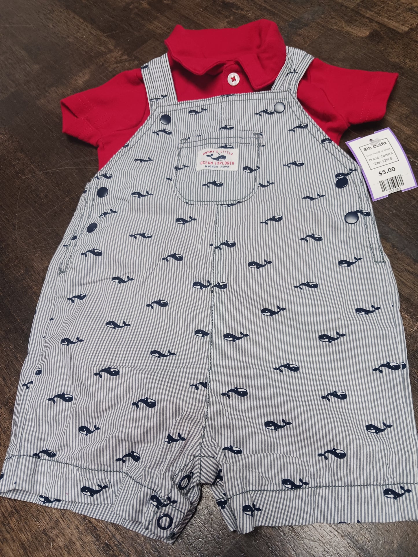 Red/Blue Whale Carters Bib Outfit, 12M B