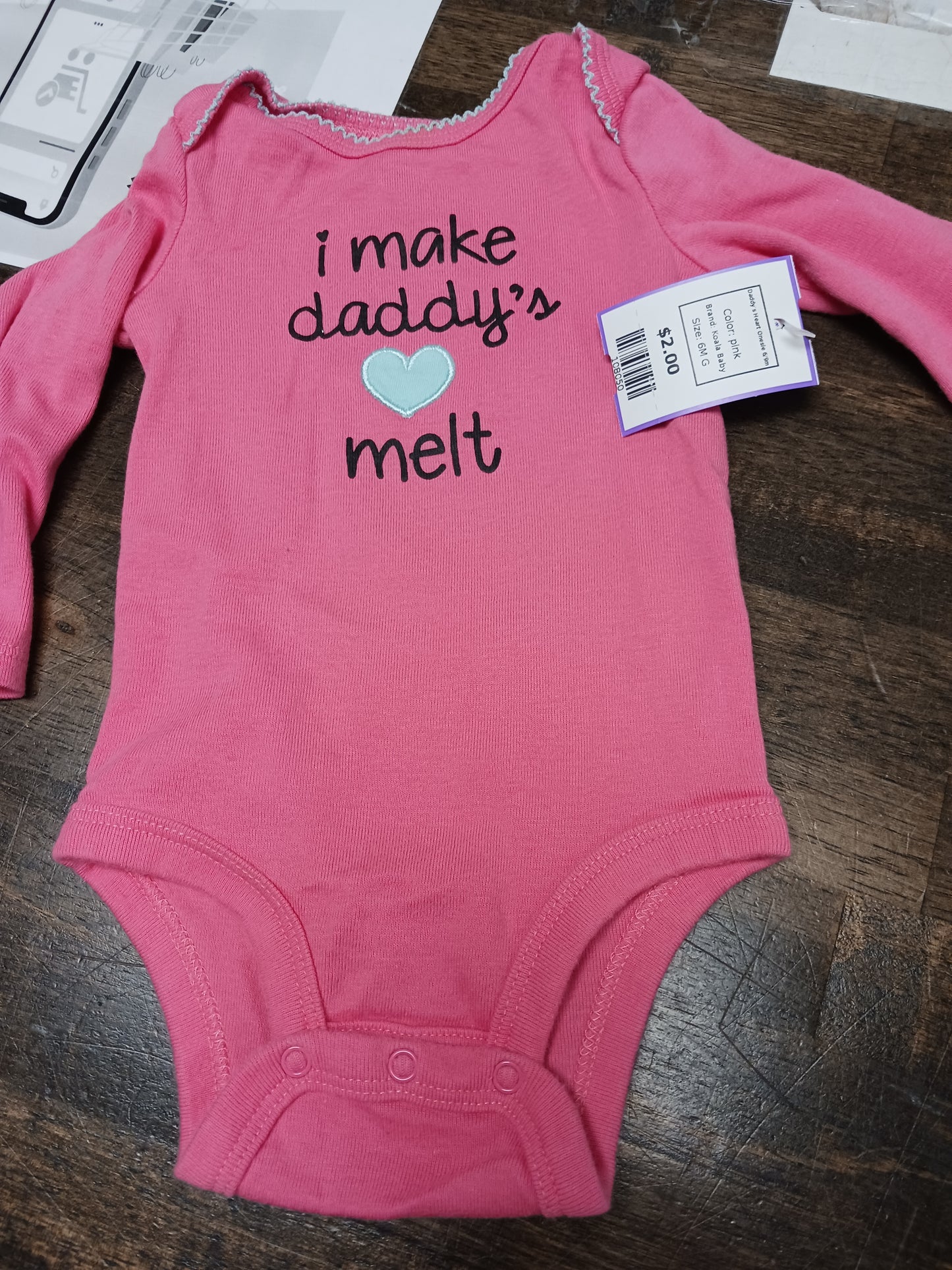 pink Koala Baby Daddy's Heart Onesie 6/9m, 6M G