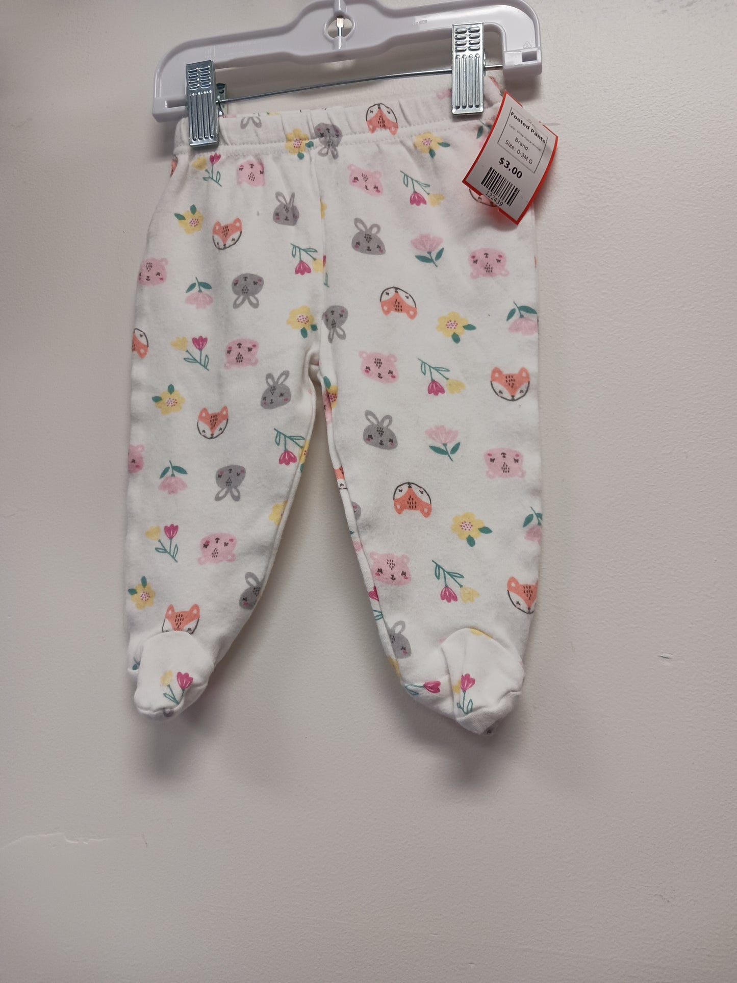 White Flower/Animal Footed Pants, 0-3M G